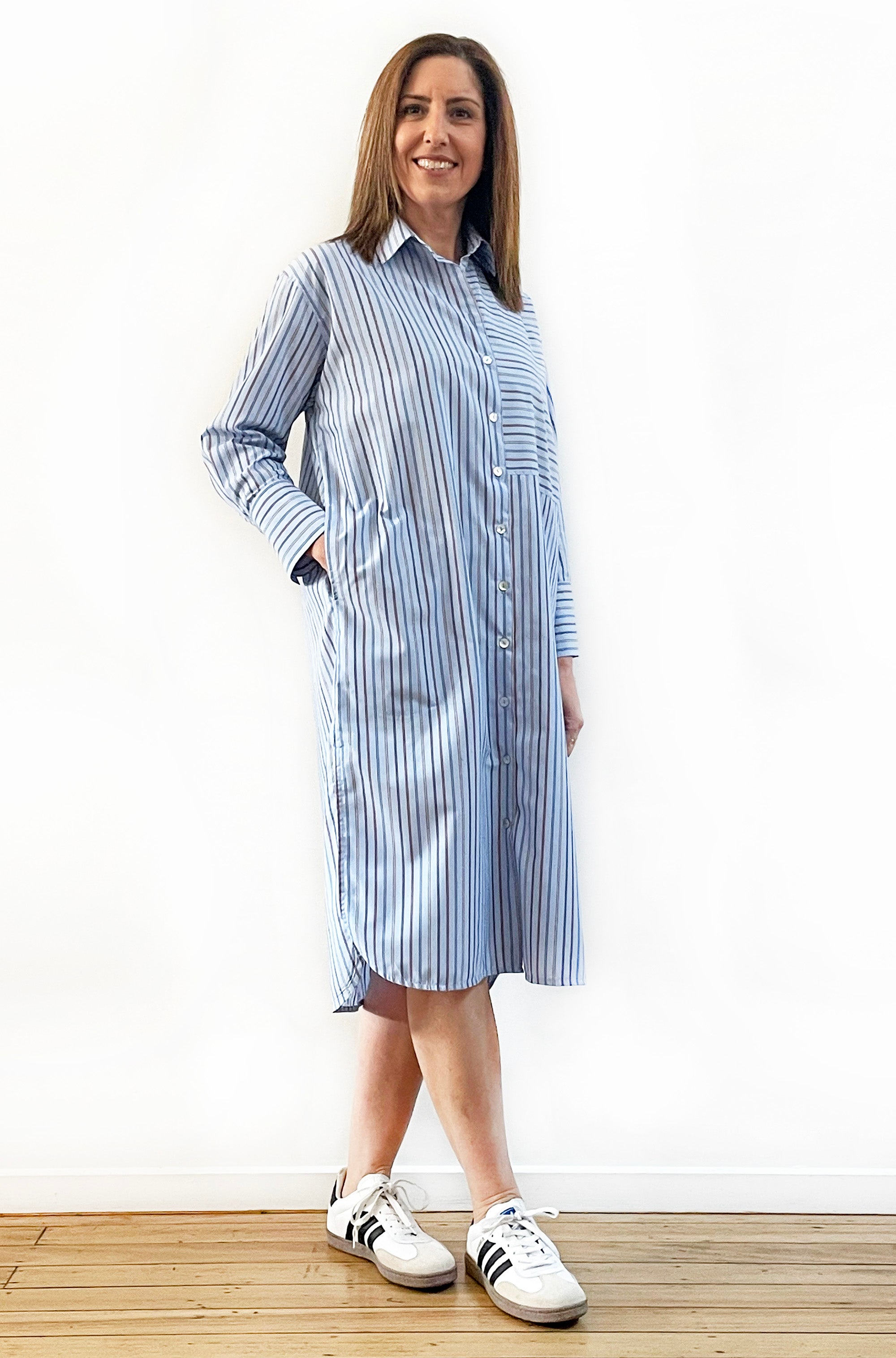 COTTON LONG SLEEVE SHIRT DRESS BLUE MULTI STRIPE