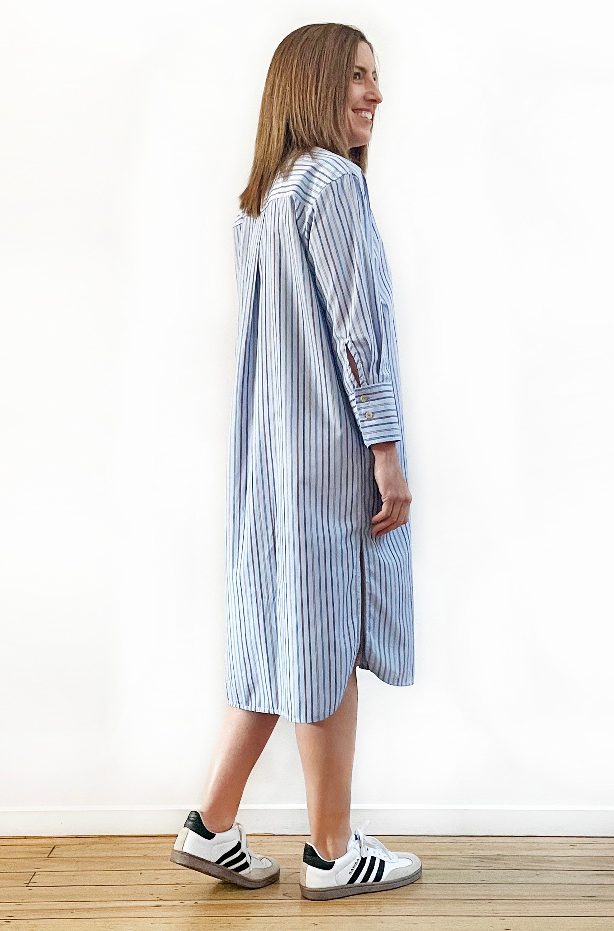 COTTON LONG SLEEVE SHIRT DRESS BLUE MULTI STRIPE