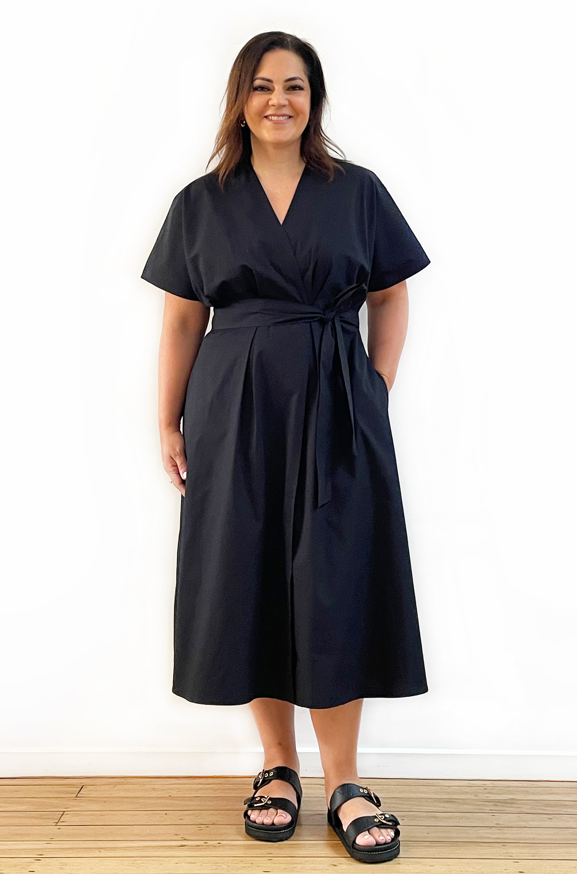 COTTON MOCK WRAP DRESS BLACK