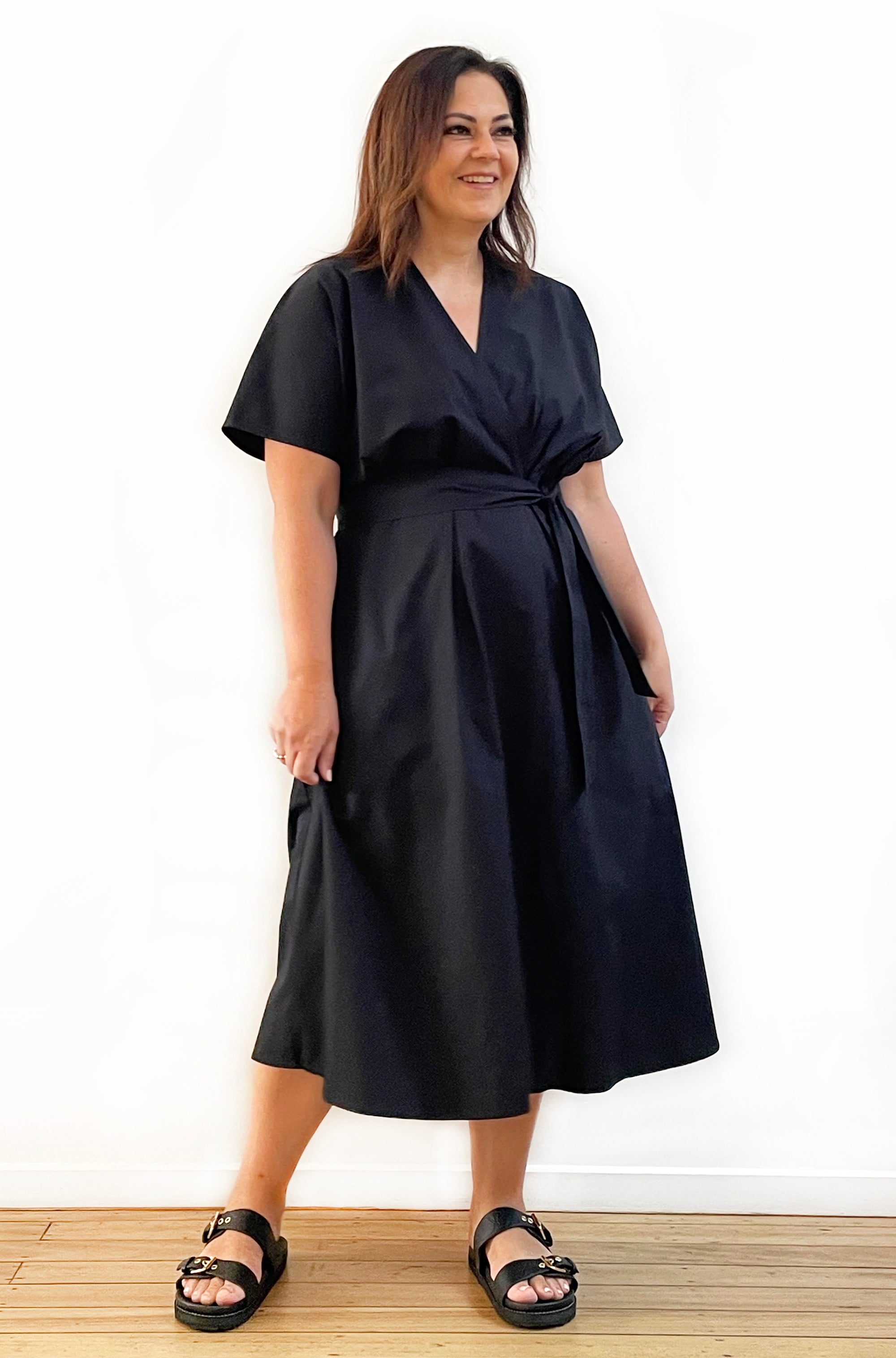 COTTON MOCK WRAP DRESS BLACK