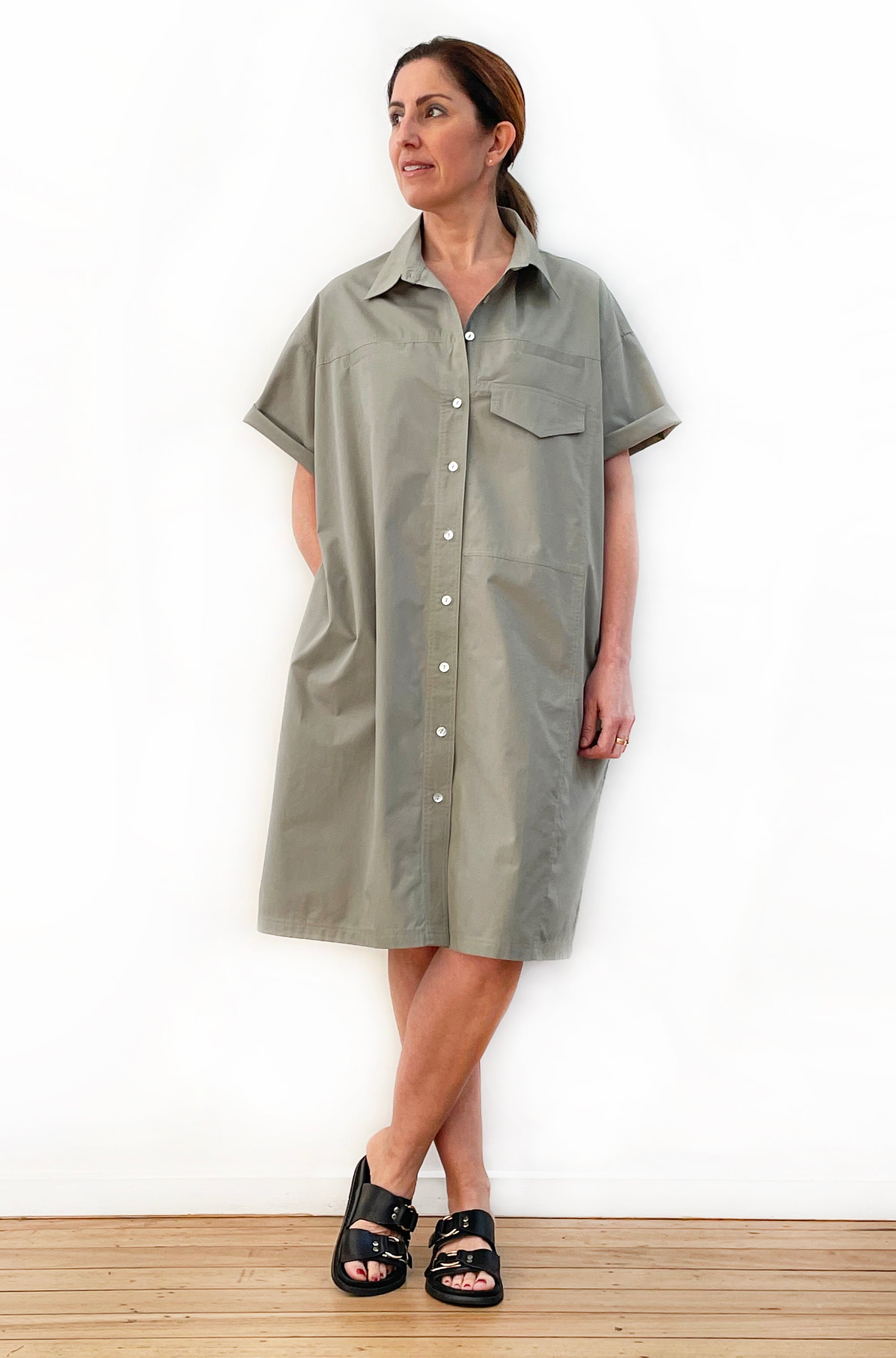 COTTON OVERSIZED BOXY SHIRT DRESS KHAKI