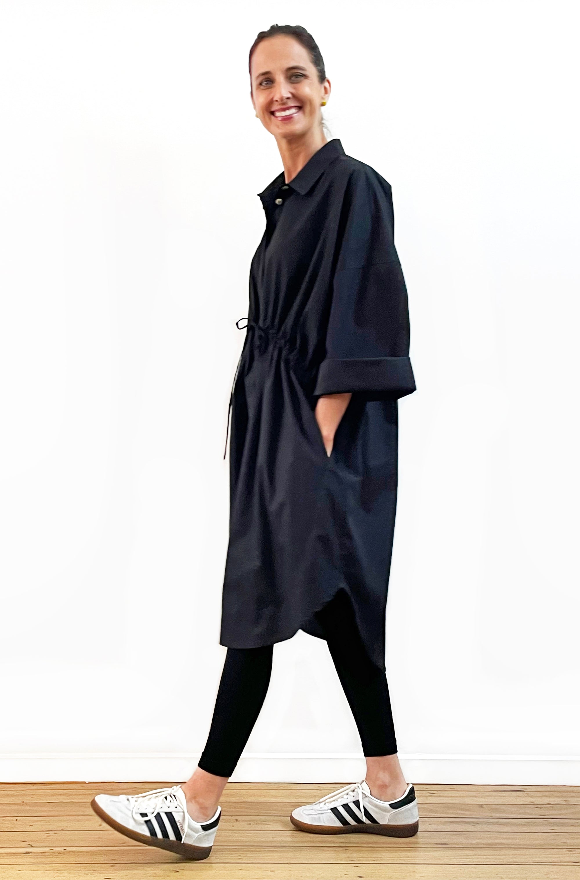 COTTON OVERSIZED DRAWSTRING SHIRTDRESS BLACK