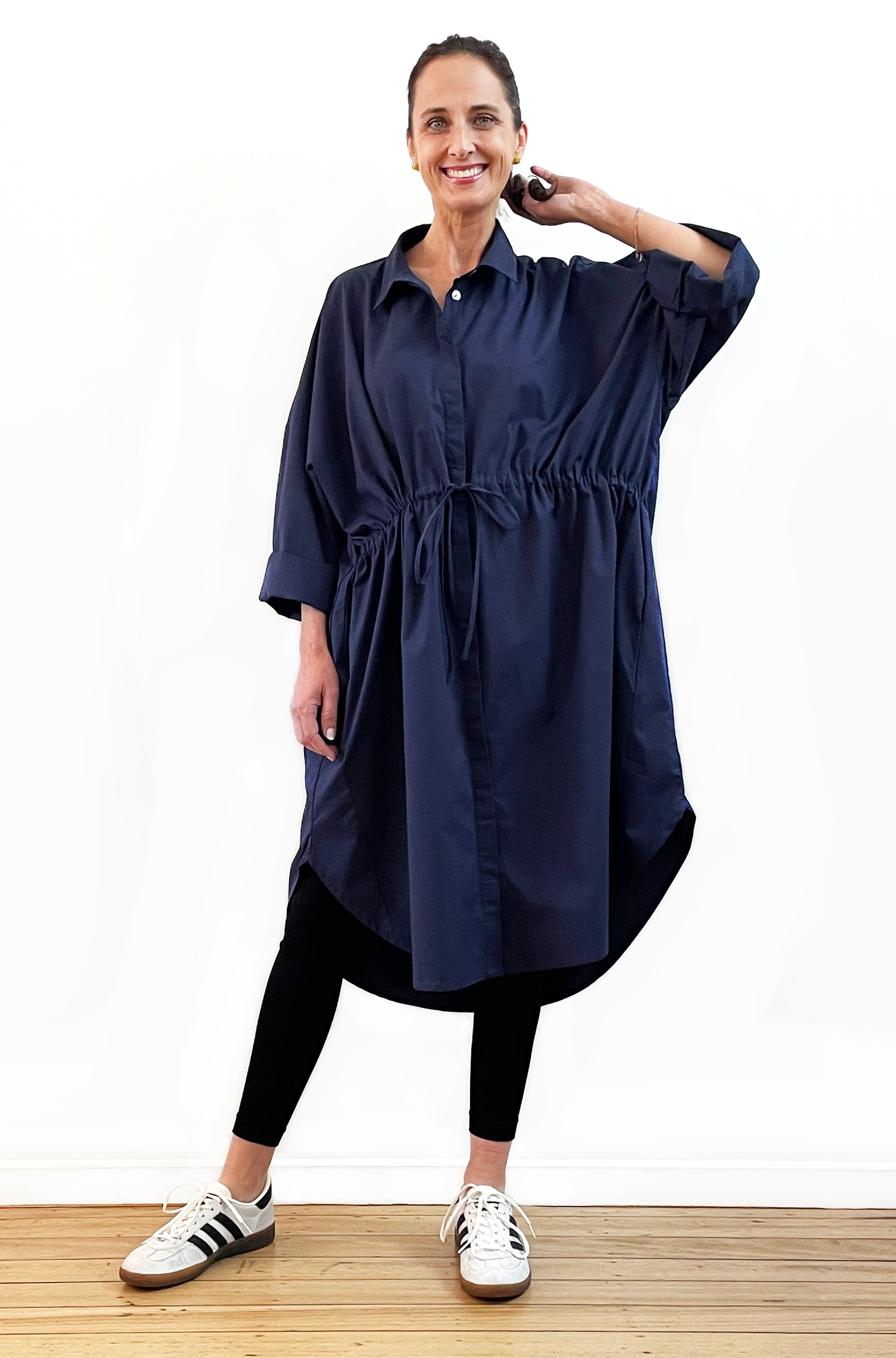 COTTON OVERSIZED DRAWSTRING SHIRTDRESS NAVY