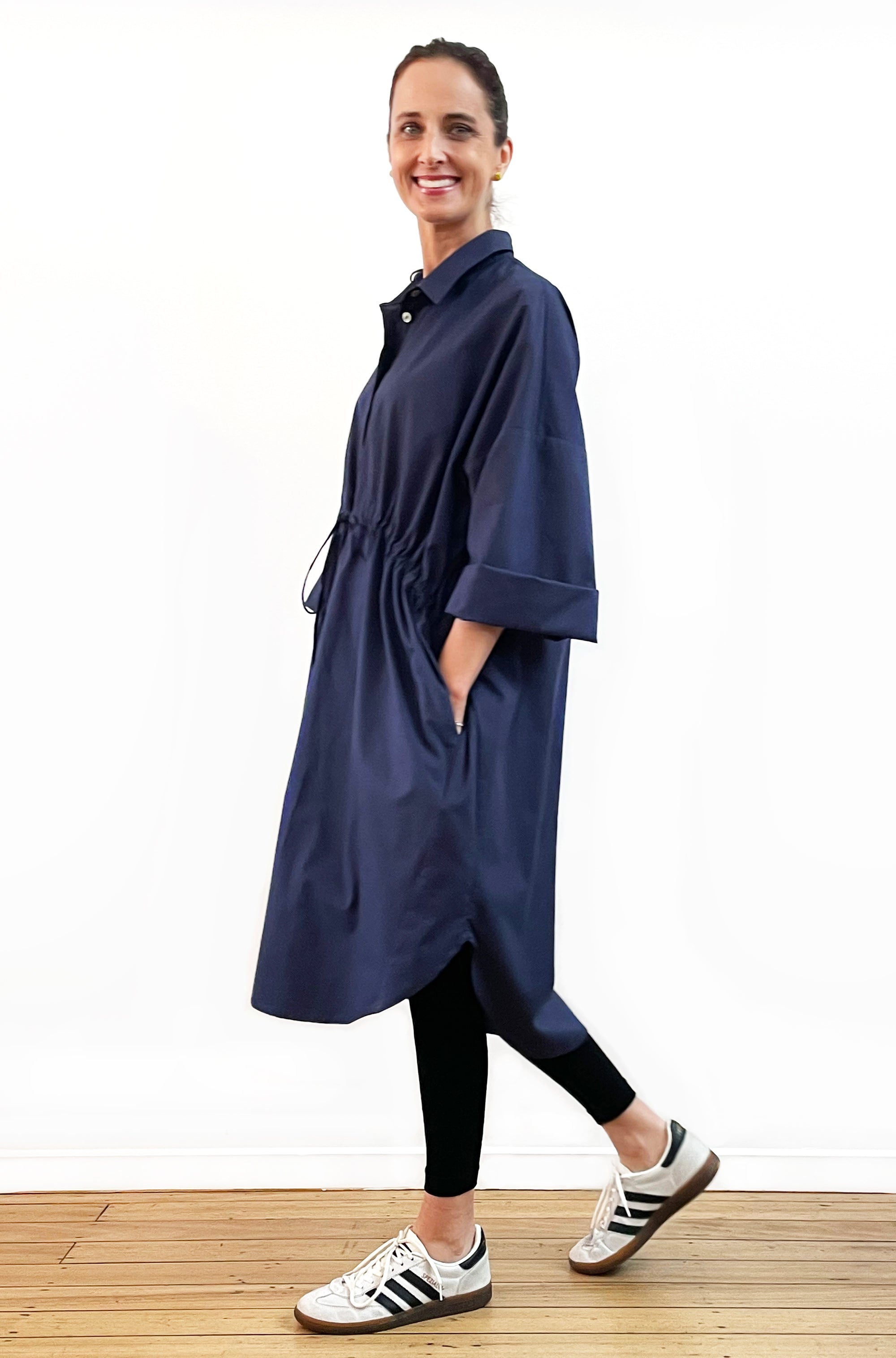 COTTON OVERSIZED DRAWSTRING SHIRTDRESS NAVY