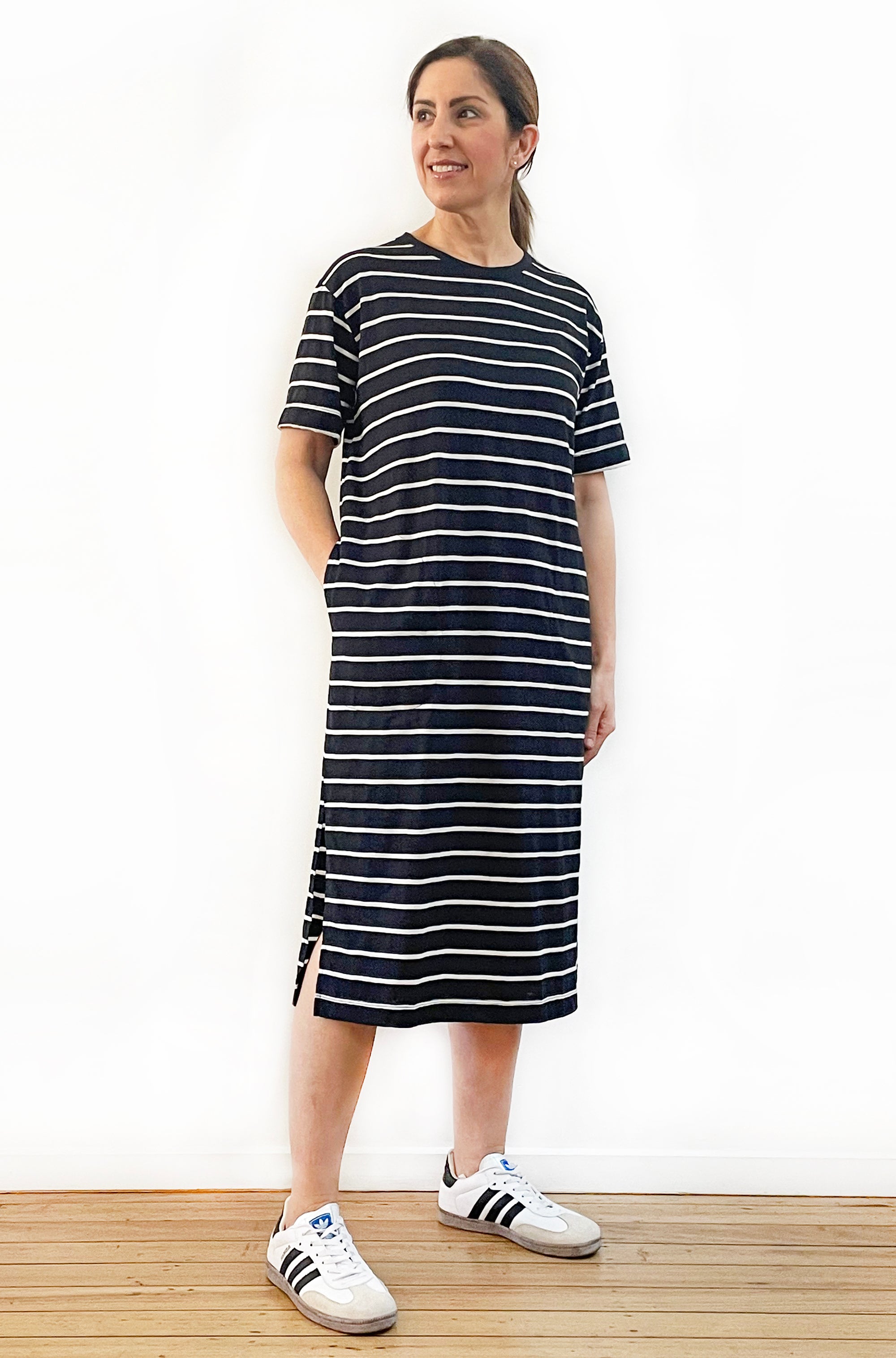 100% COTTON SHORT SLEEVE TEE DRESS BLACK STRIPE