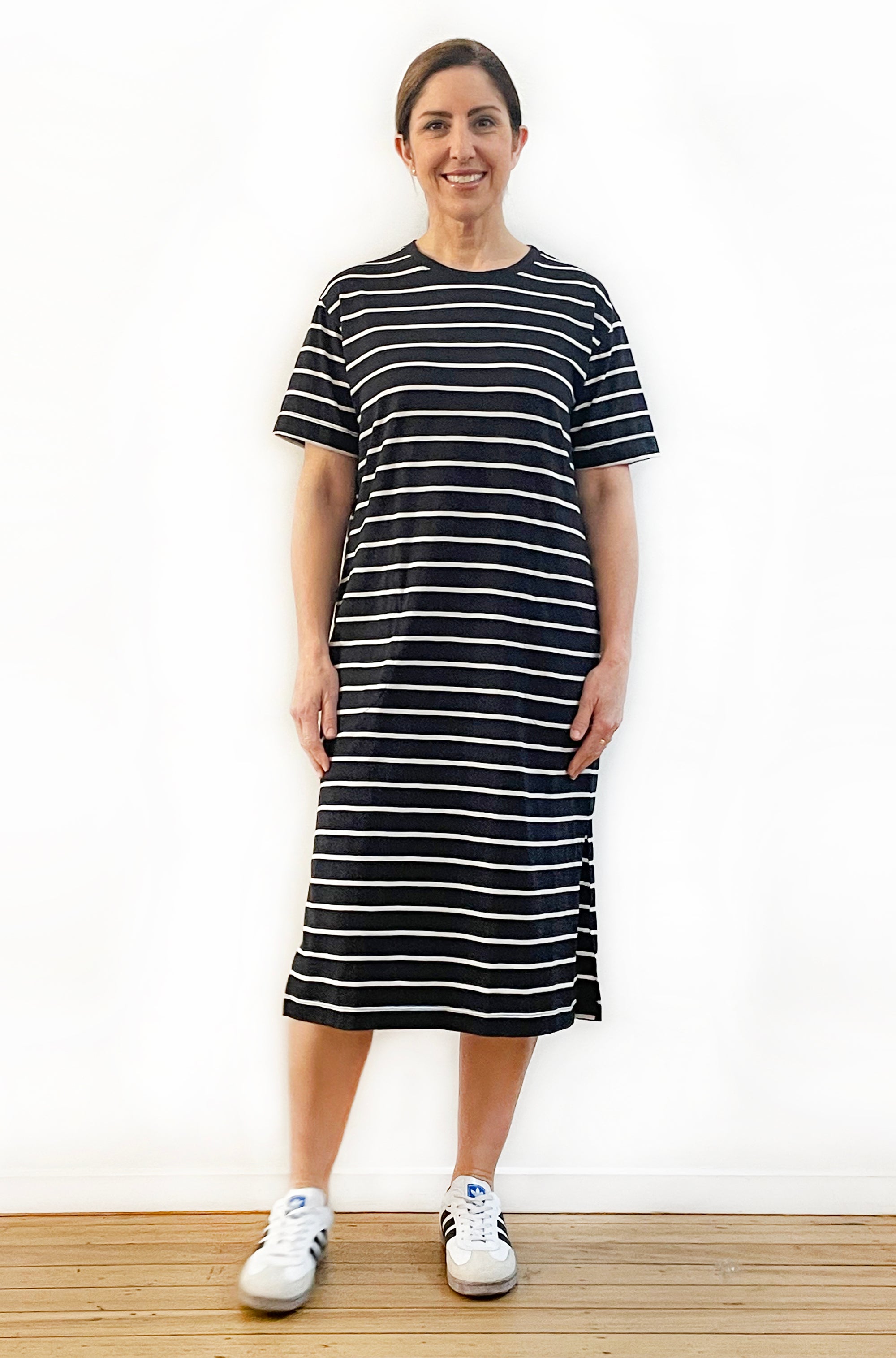 100% COTTON SHORT SLEEVE TEE DRESS BLACK STRIPE