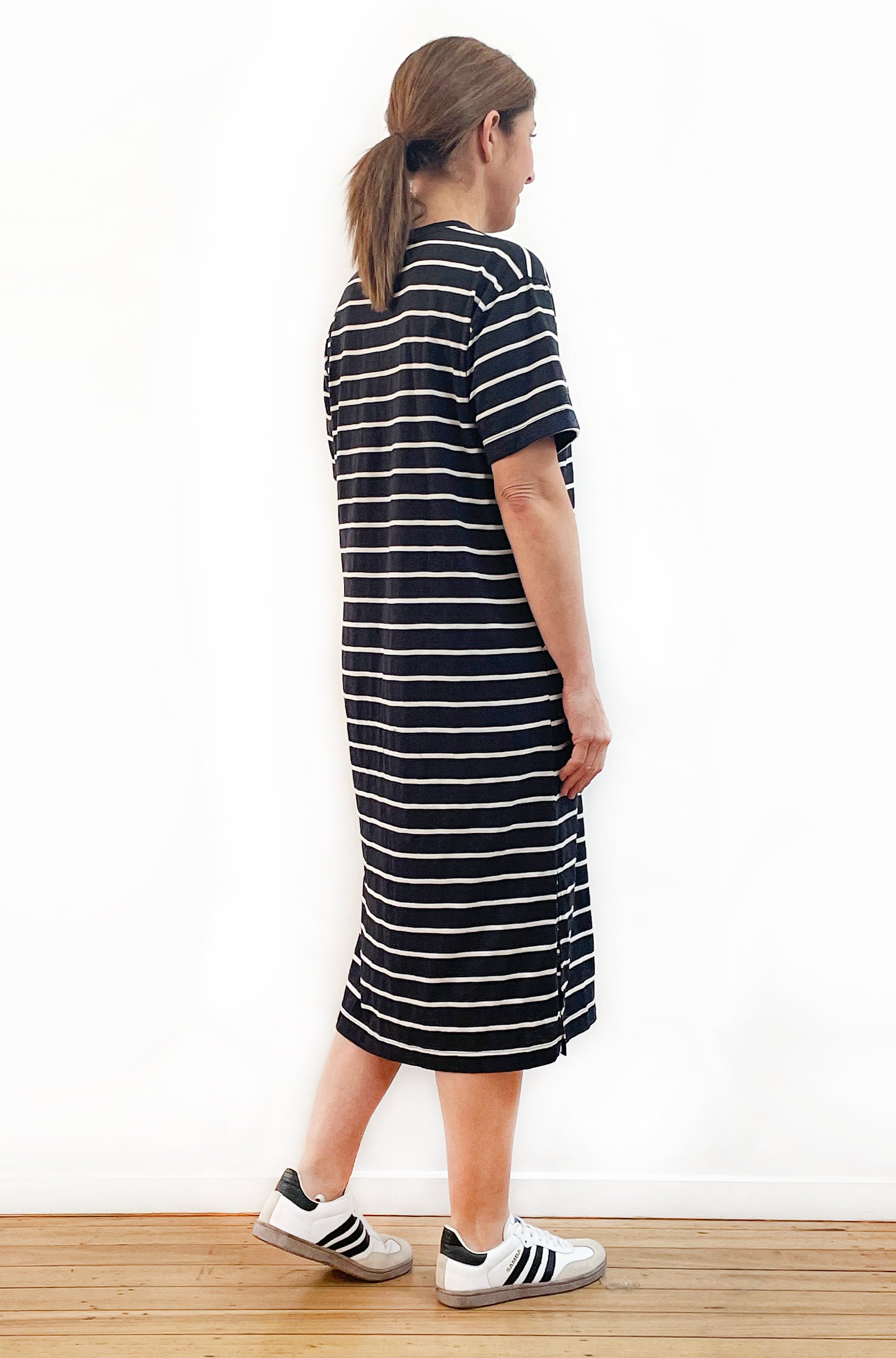 100% COTTON SHORT SLEEVE TEE DRESS BLACK STRIPE