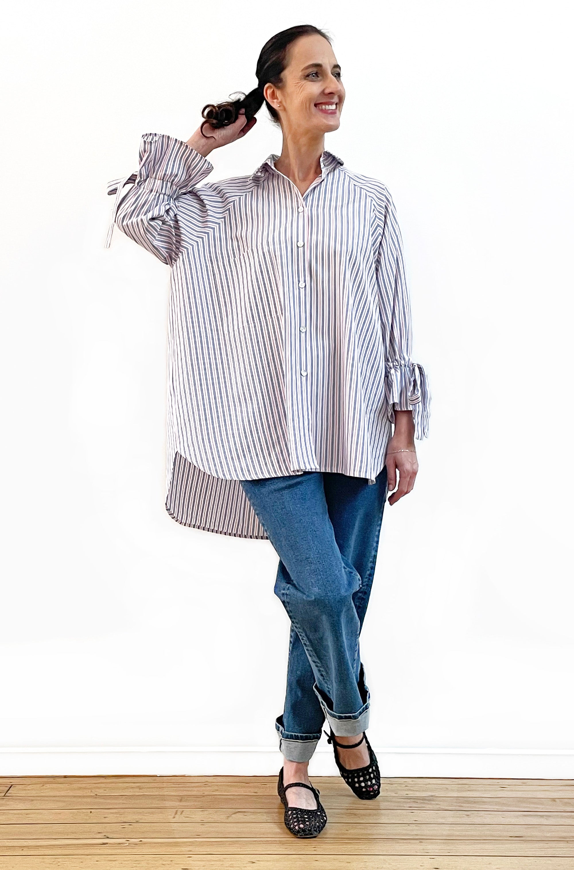 COTTON TIE SLEEVE RAGLAN SHIRT STRIPE