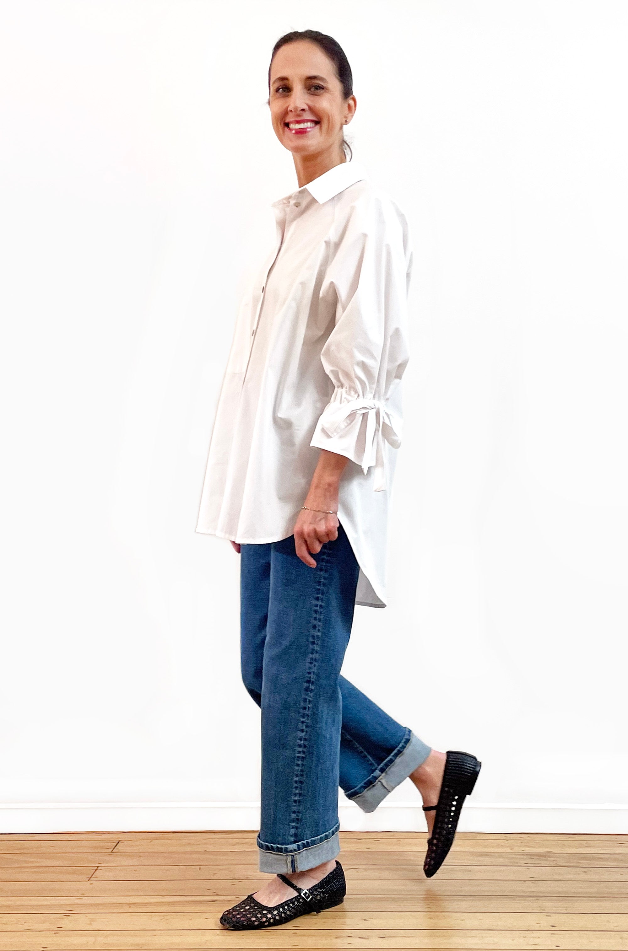 COTTON TIE SLEEVE RAGLAN SHIRT WHITE