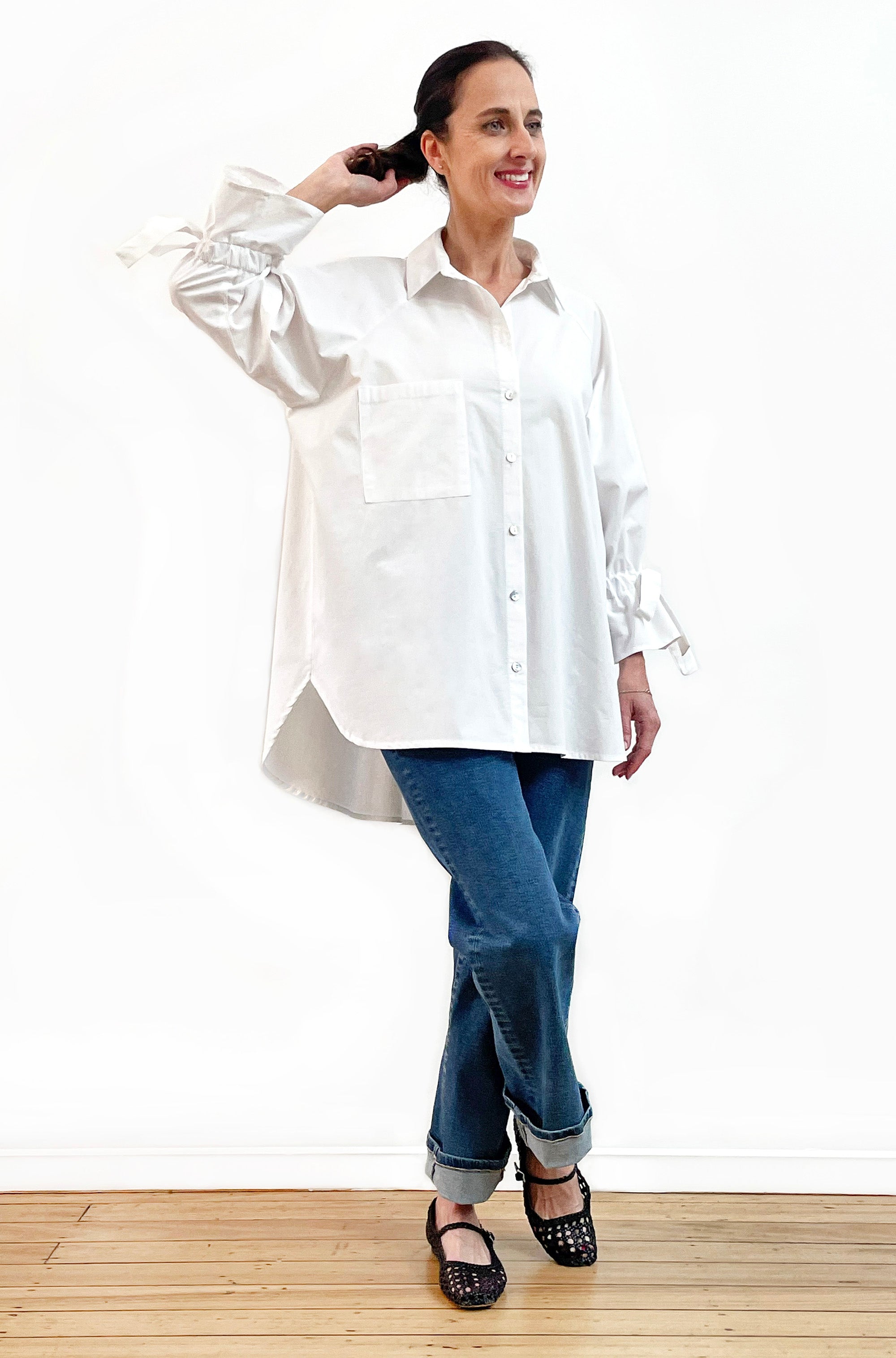 COTTON TIE SLEEVE RAGLAN SHIRT WHITE