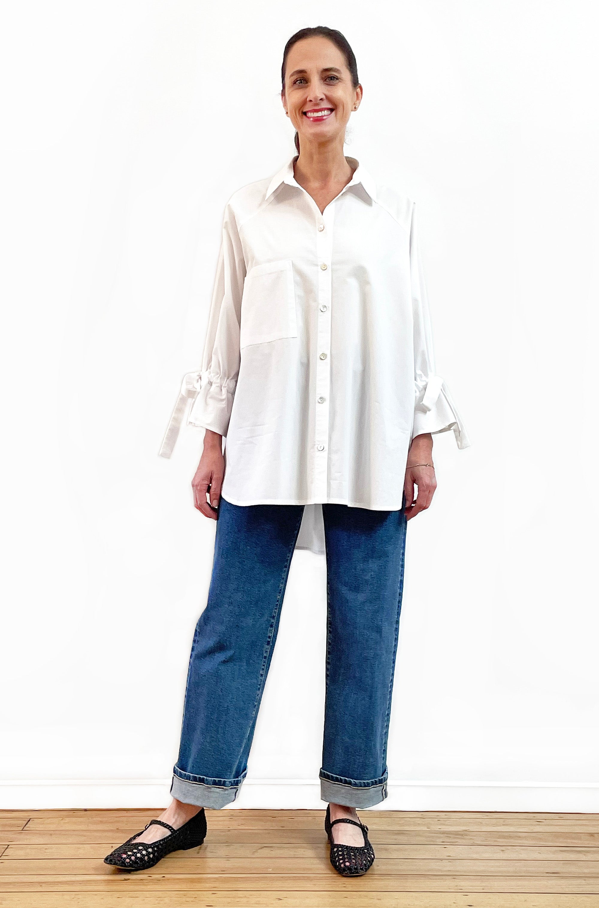 COTTON TIE SLEEVE RAGLAN SHIRT WHITE