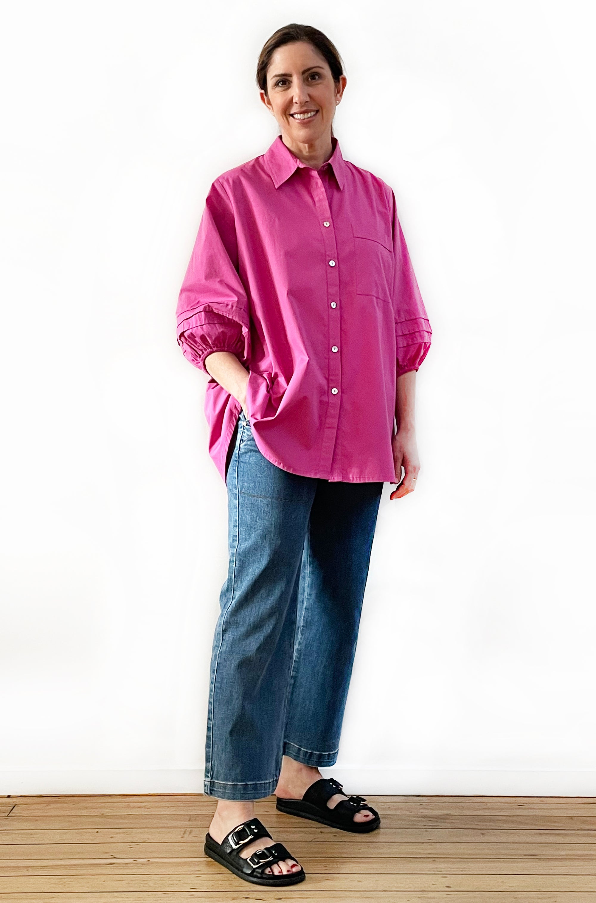 COTTON TUCKED SLEEVE SHIRT FUCHSIA