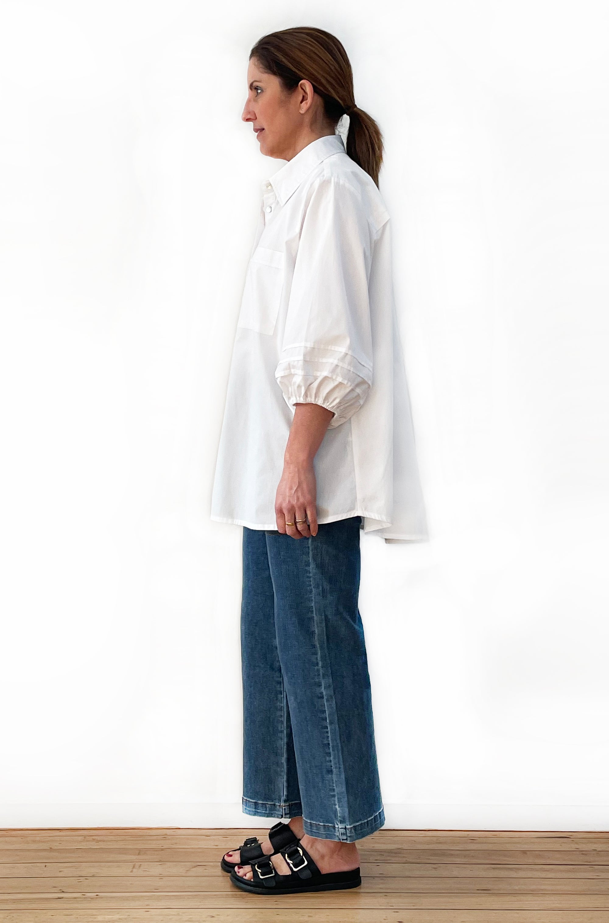 COTTON TUCKED SLEEVE SHIRT WHITE