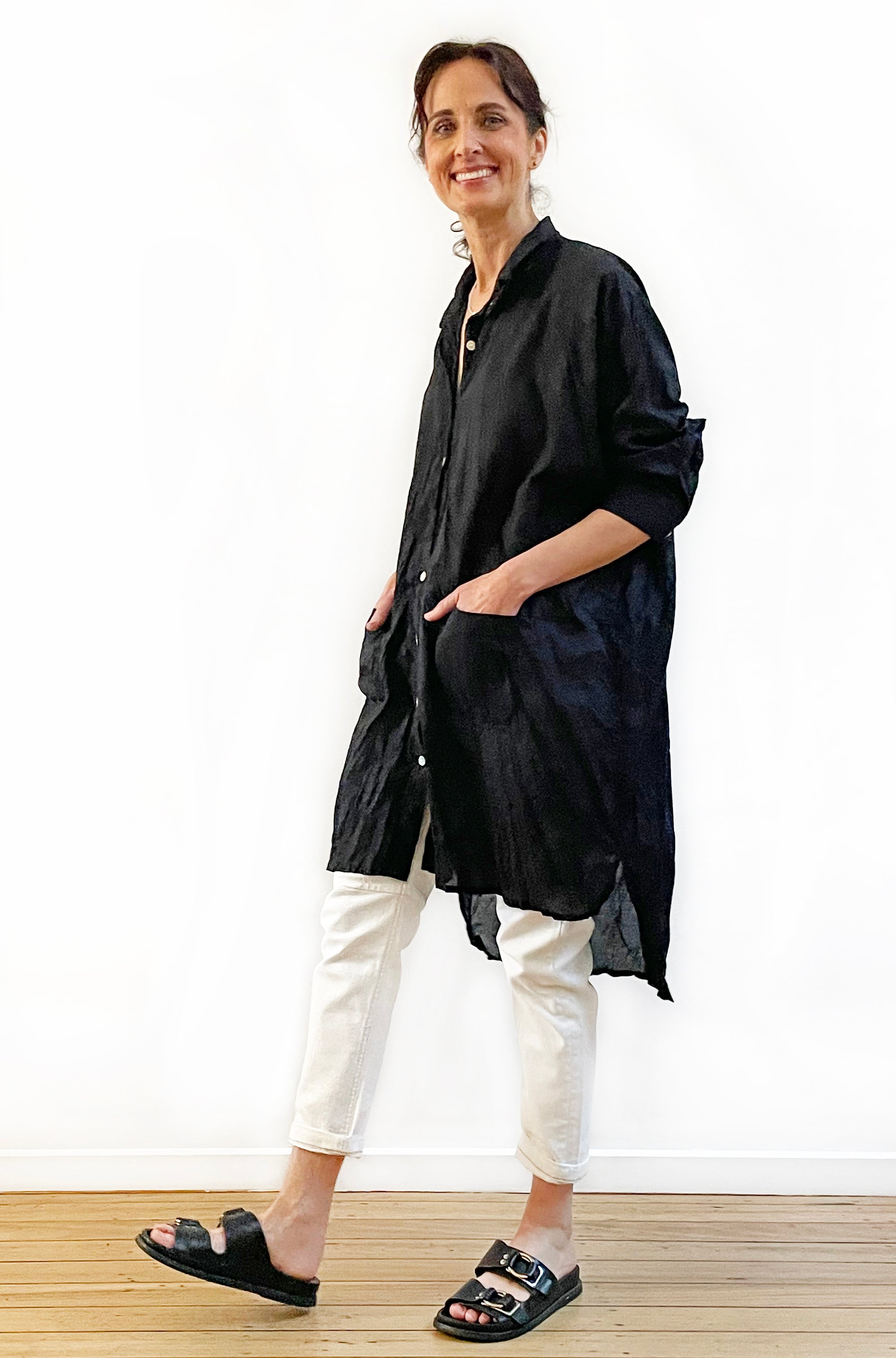 COTTON TWIST & GO LONGLINE OVERSHIRT BLACK