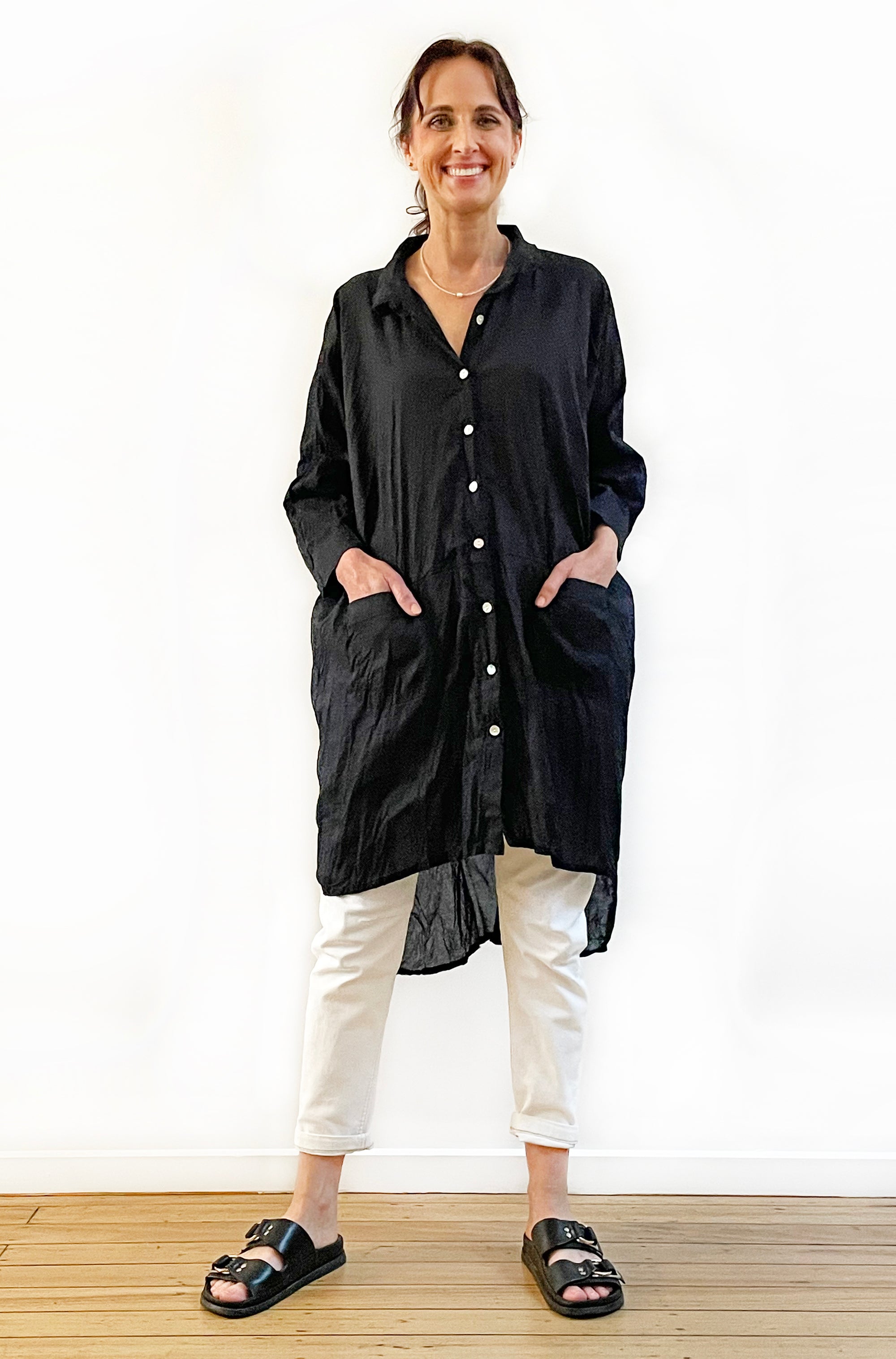 COTTON TWIST & GO LONGLINE OVERSHIRT BLACK