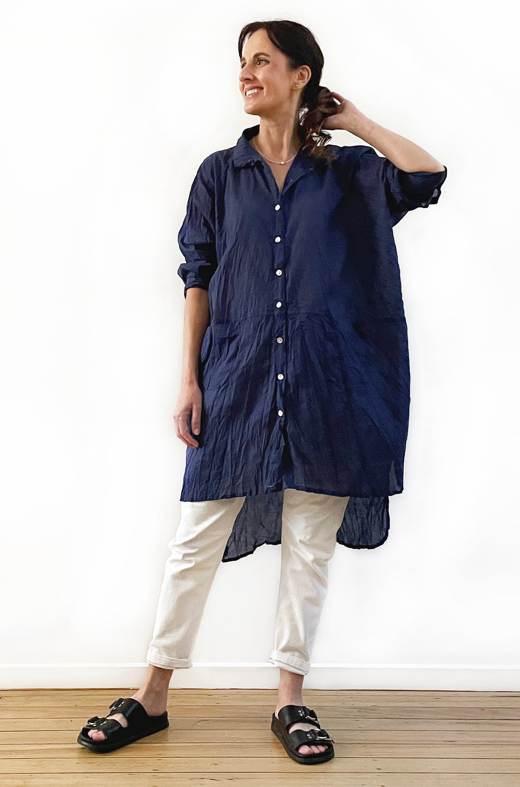 COTTON TWIST & GO LONGLINE OVERSHIRT SOFT NAVY