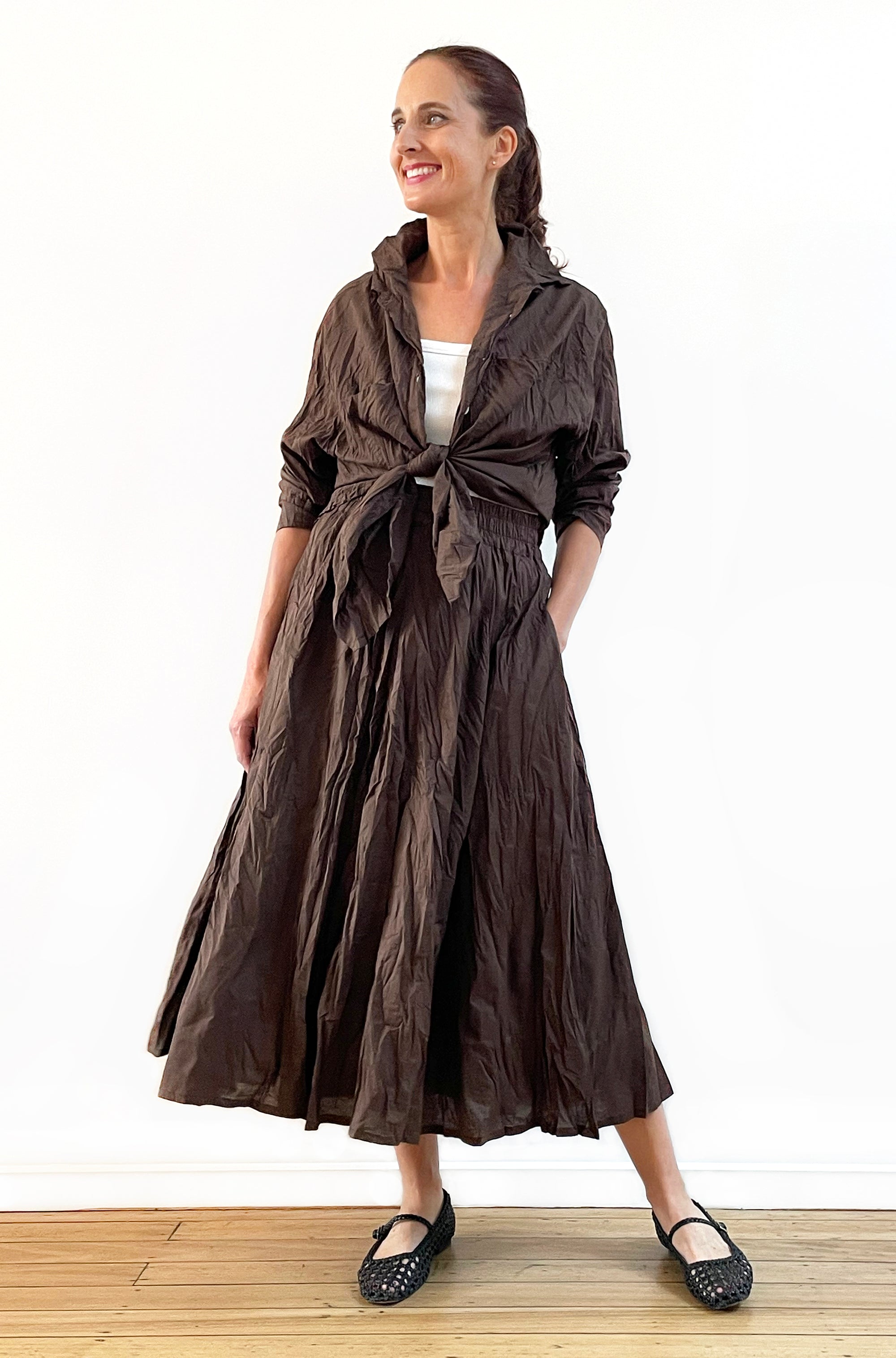 COTTON TWIST & GO MIDI SKIRT CHOCOLATE