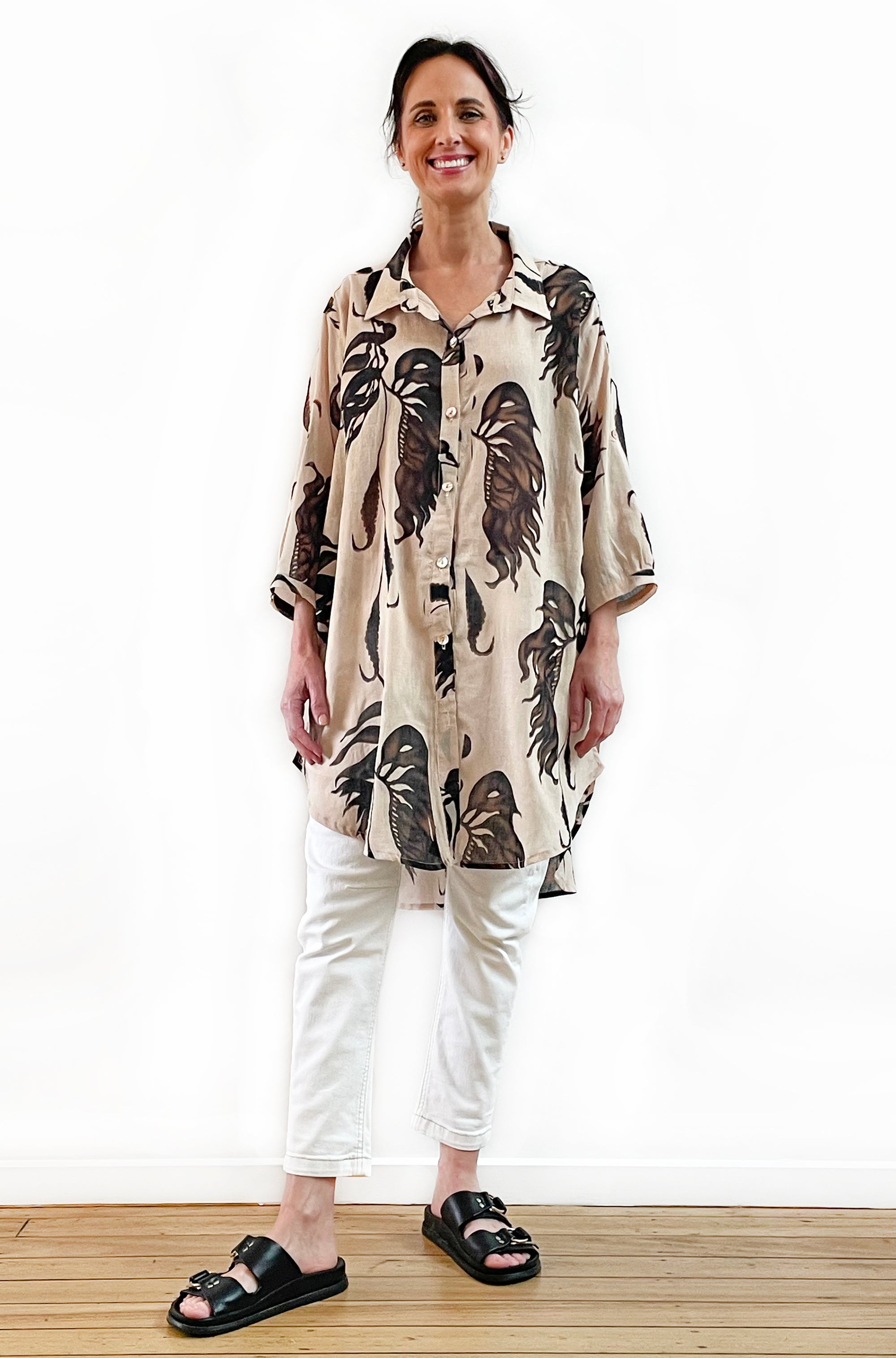 COTTON VOILE LONGLINE OVERSHIRT LEAF