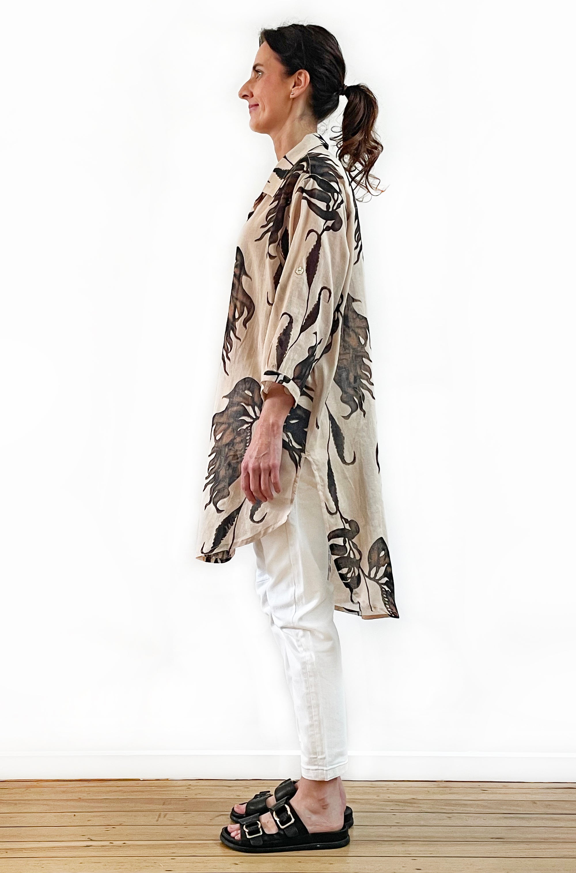 COTTON VOILE LONGLINE OVERSHIRT LEAF