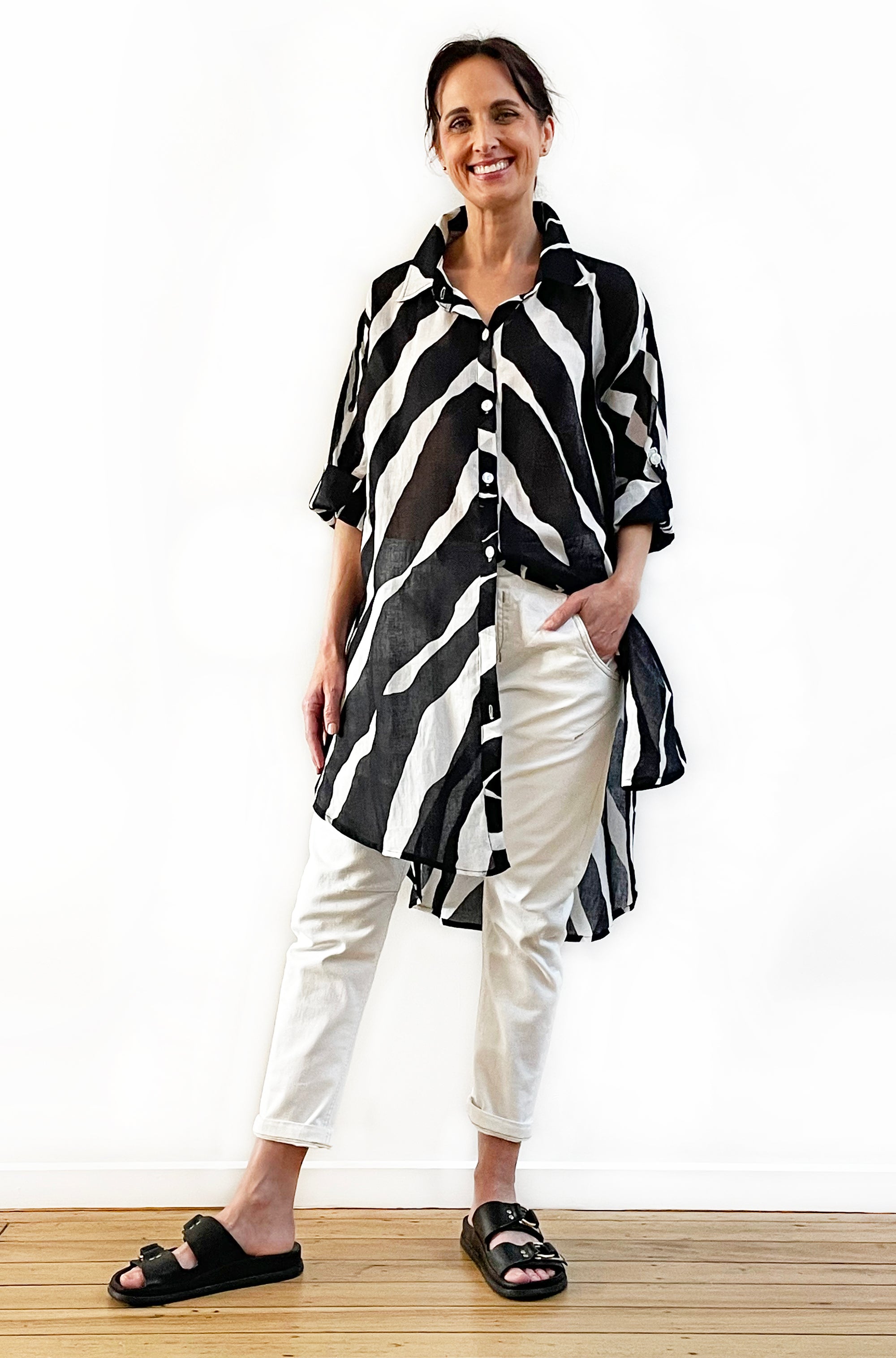 COTTON VOILE LONGLINE OVERSHIRT ZEBRA