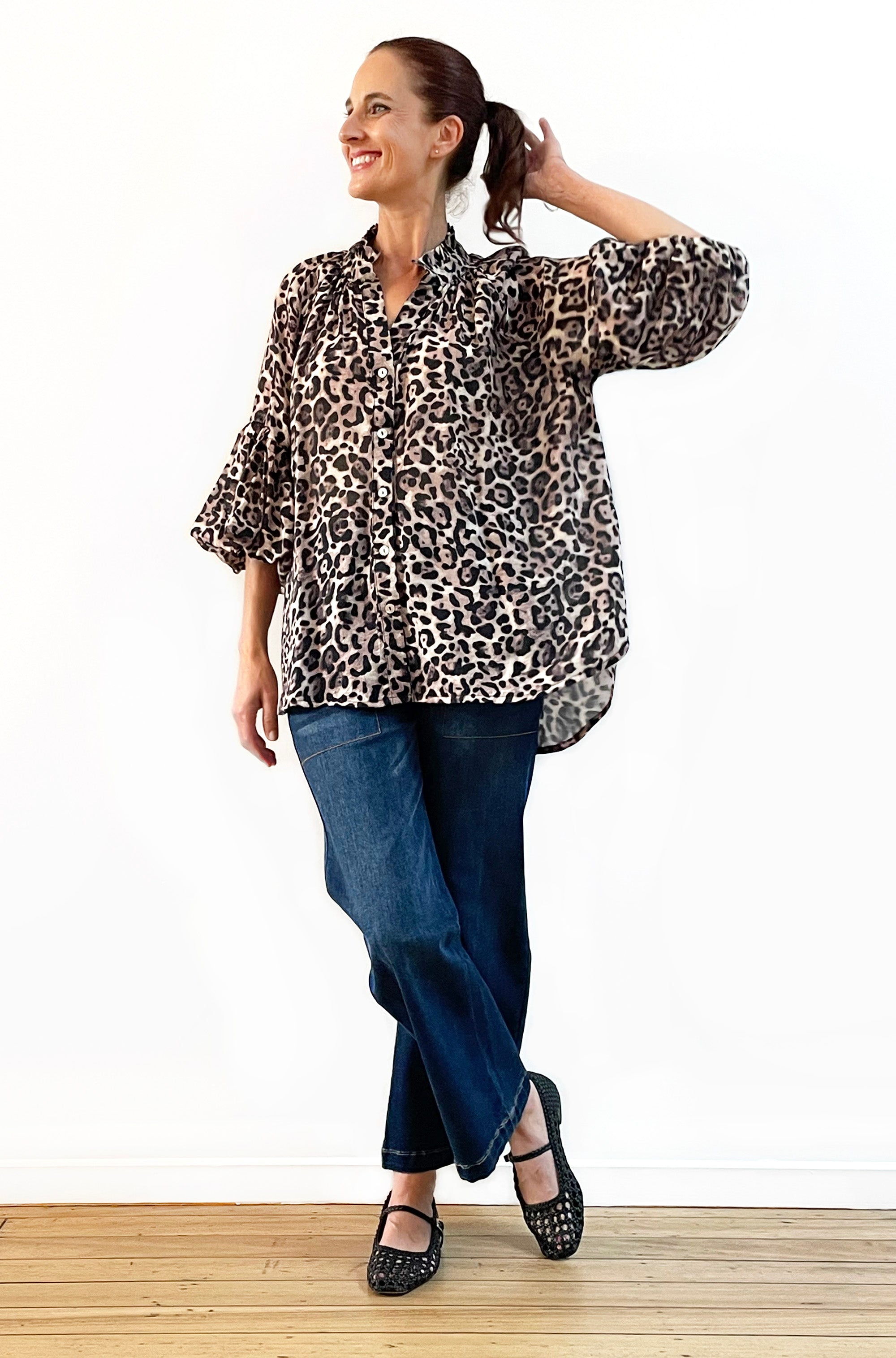 PRINT FRILL NECK BALLOON SLEEVE SHIRT LEOPARD