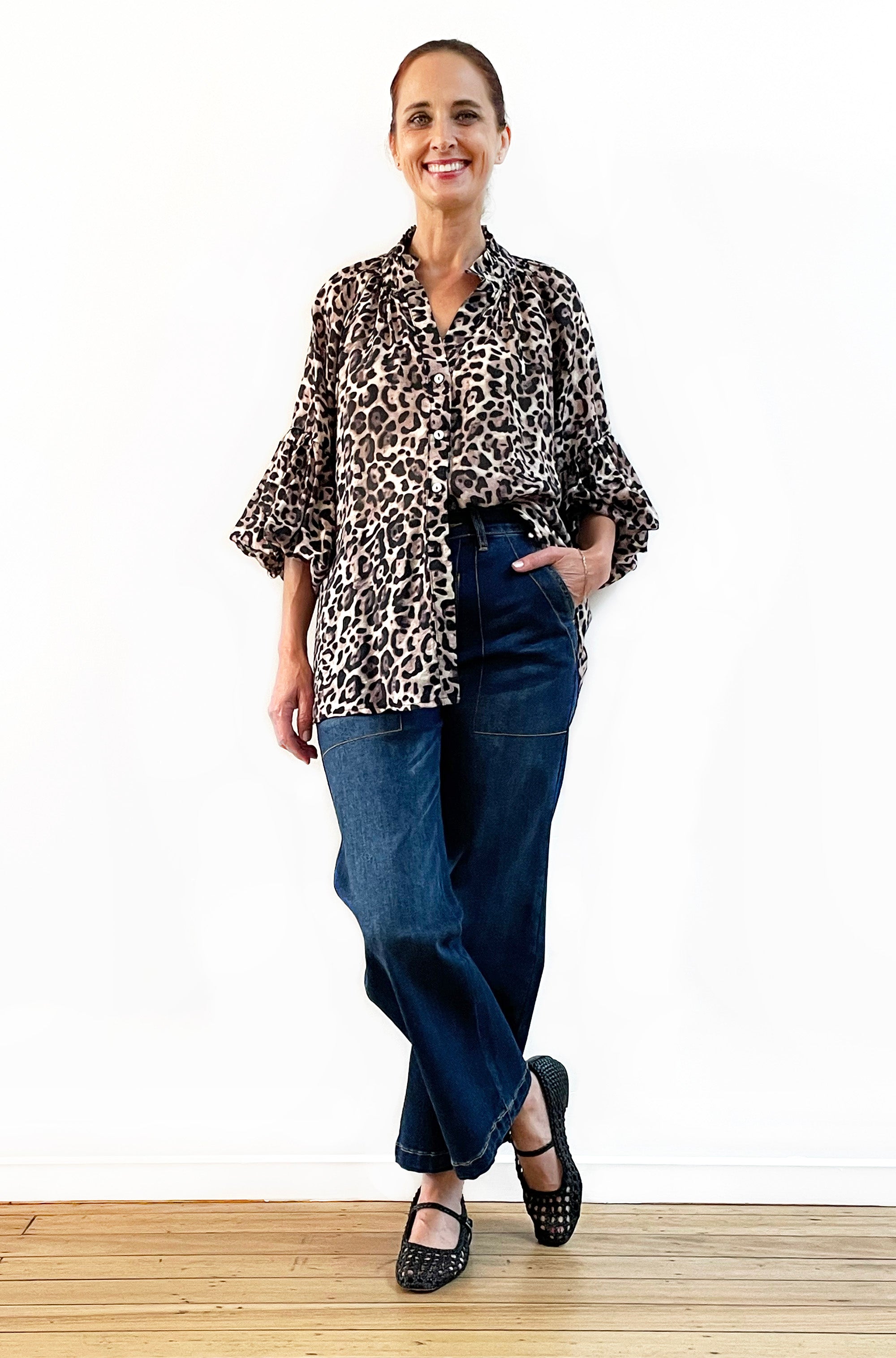 PRINT FRILL NECK BALLOON SLEEVE SHIRT LEOPARD