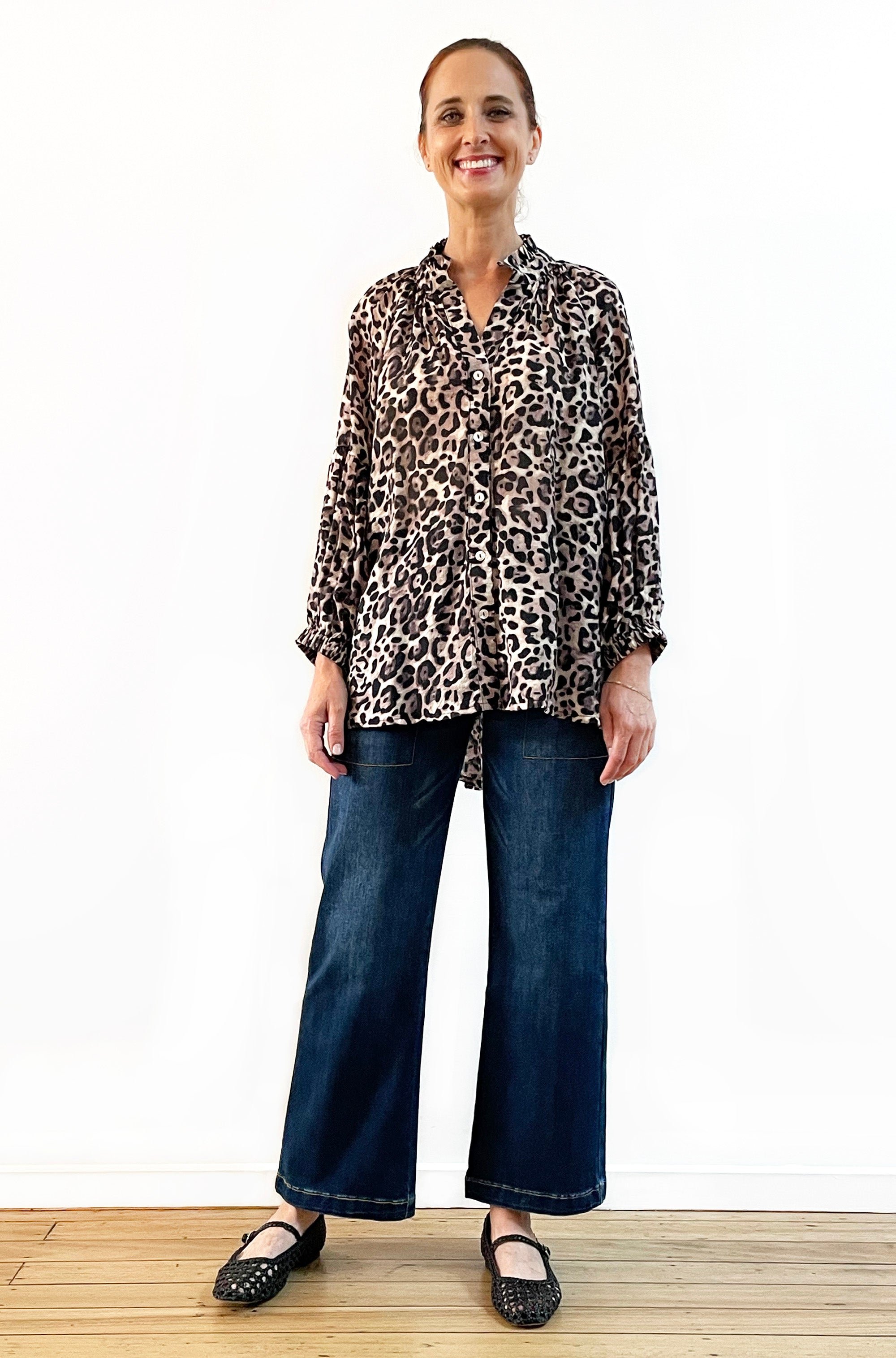 PRINT FRILL NECK BALLOON SLEEVE SHIRT LEOPARD