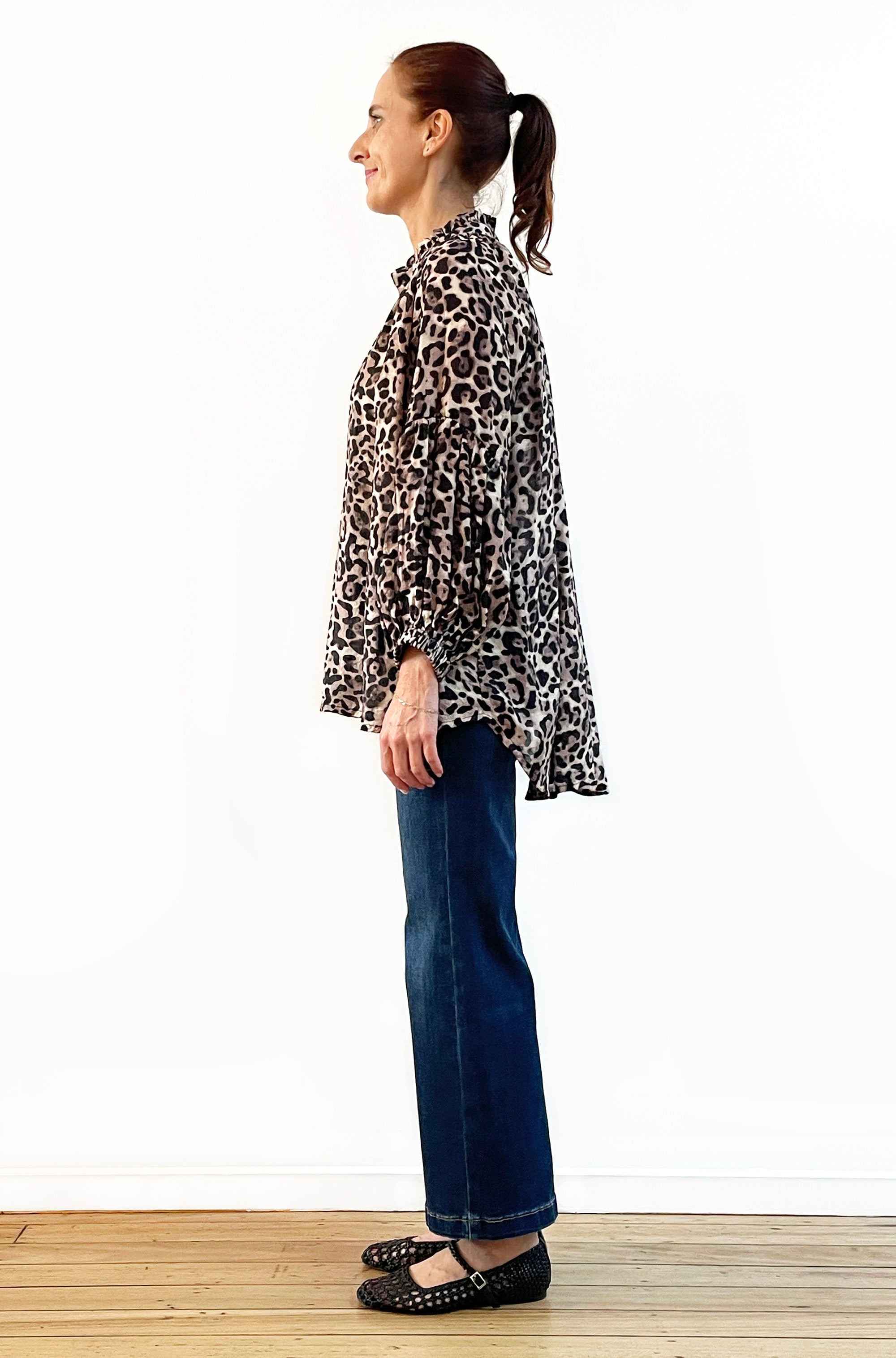 PRINT FRILL NECK BALLOON SLEEVE SHIRT LEOPARD