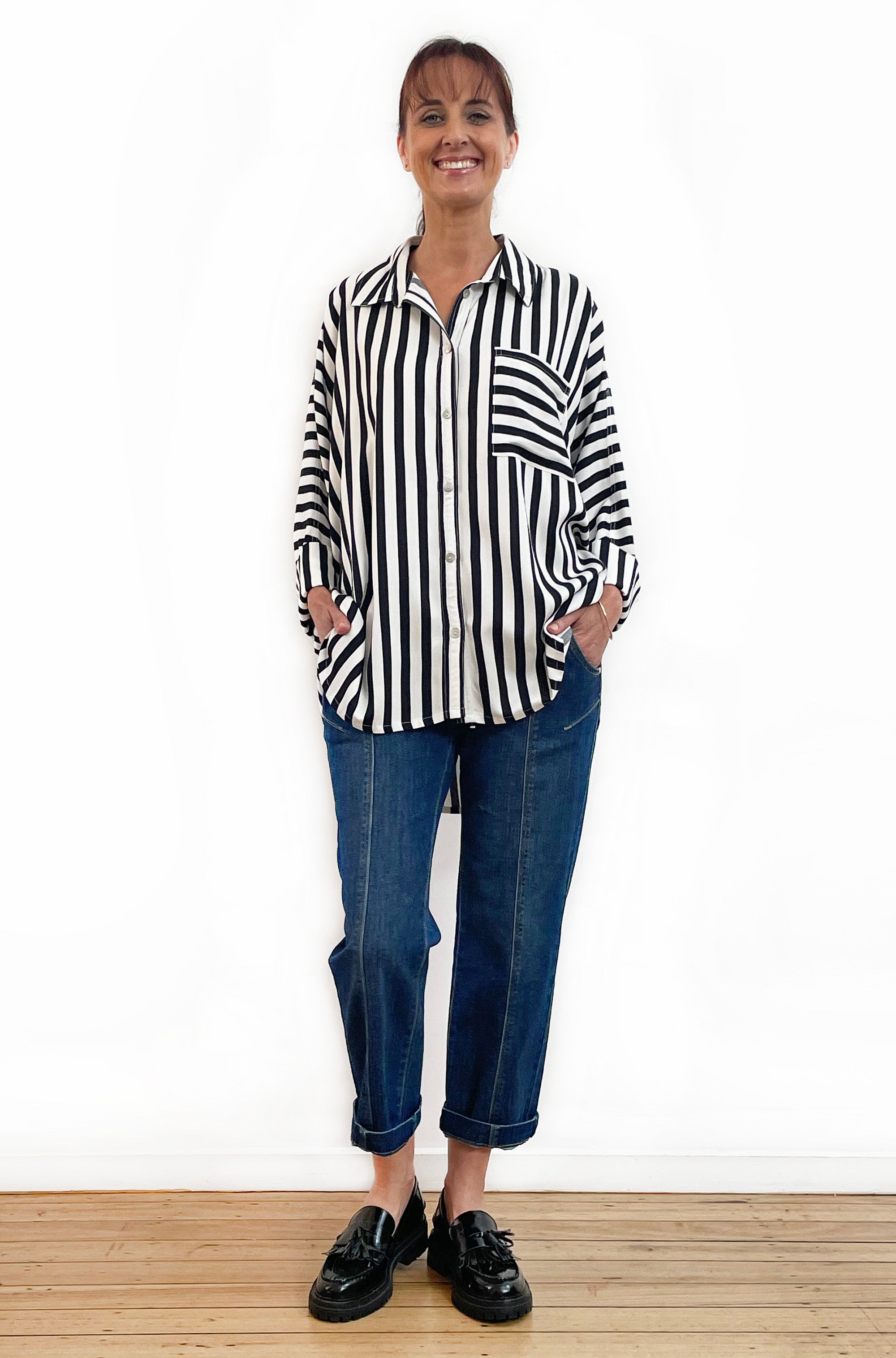 KIMONO SLEEVE SHIRT BLACK STRIPE