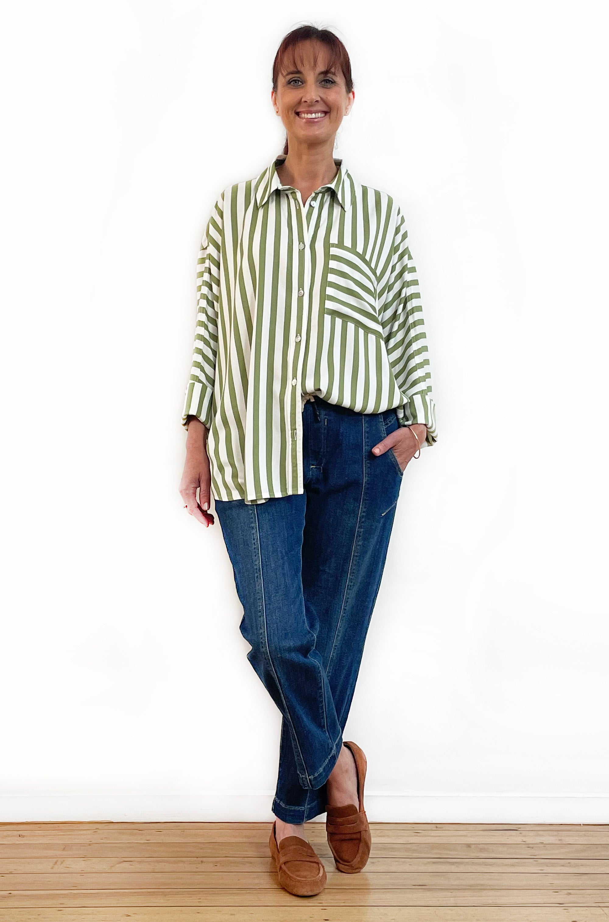 KIMONO SLEEVE SHIRT WASABI STRIPE