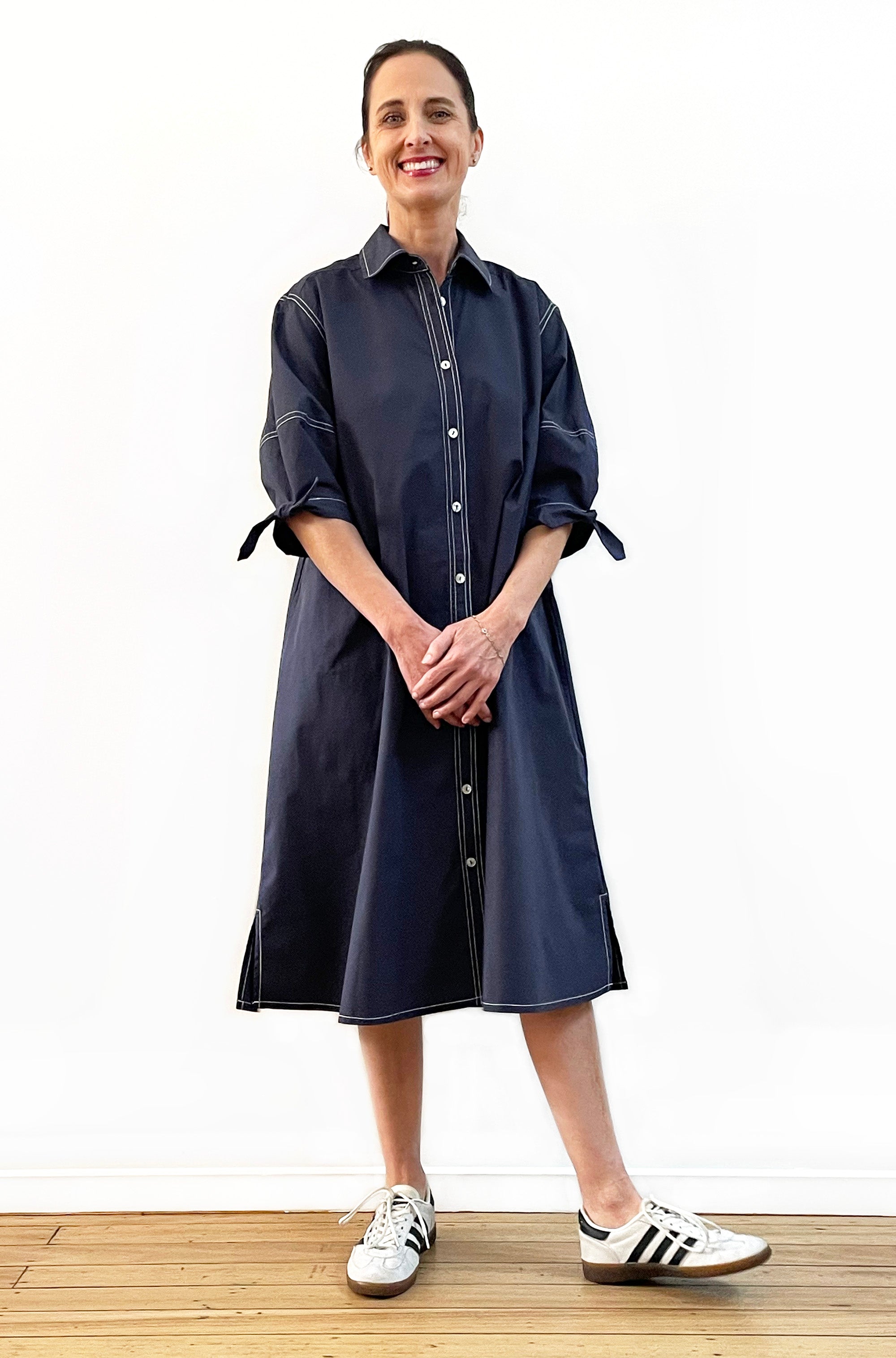 COTTON LANTERN SLEEVE SHIRT DRESS WASHED NAVY