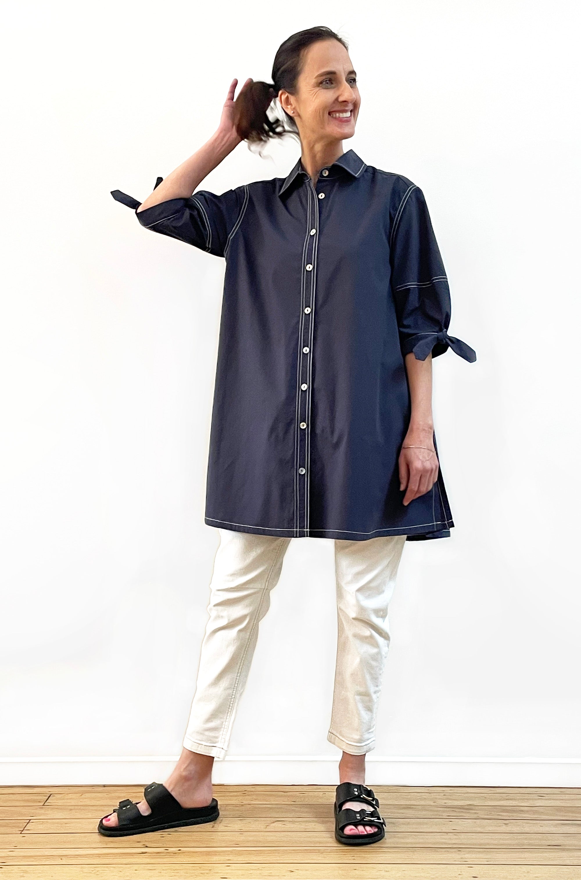 COTTON LANTERN SLEEVE SWING SHIRT WASHED NAVY