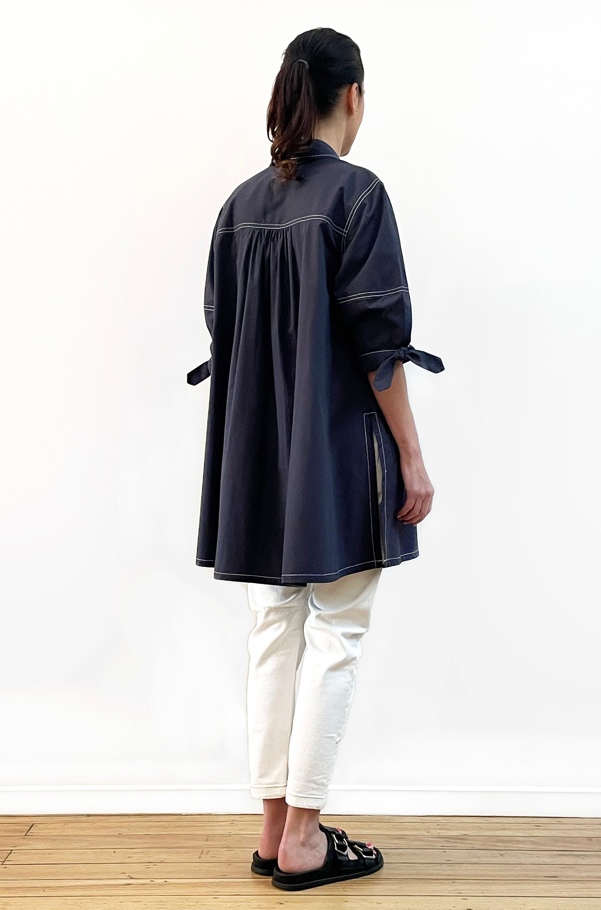 COTTON LANTERN SLEEVE SWING SHIRT WASHED NAVY