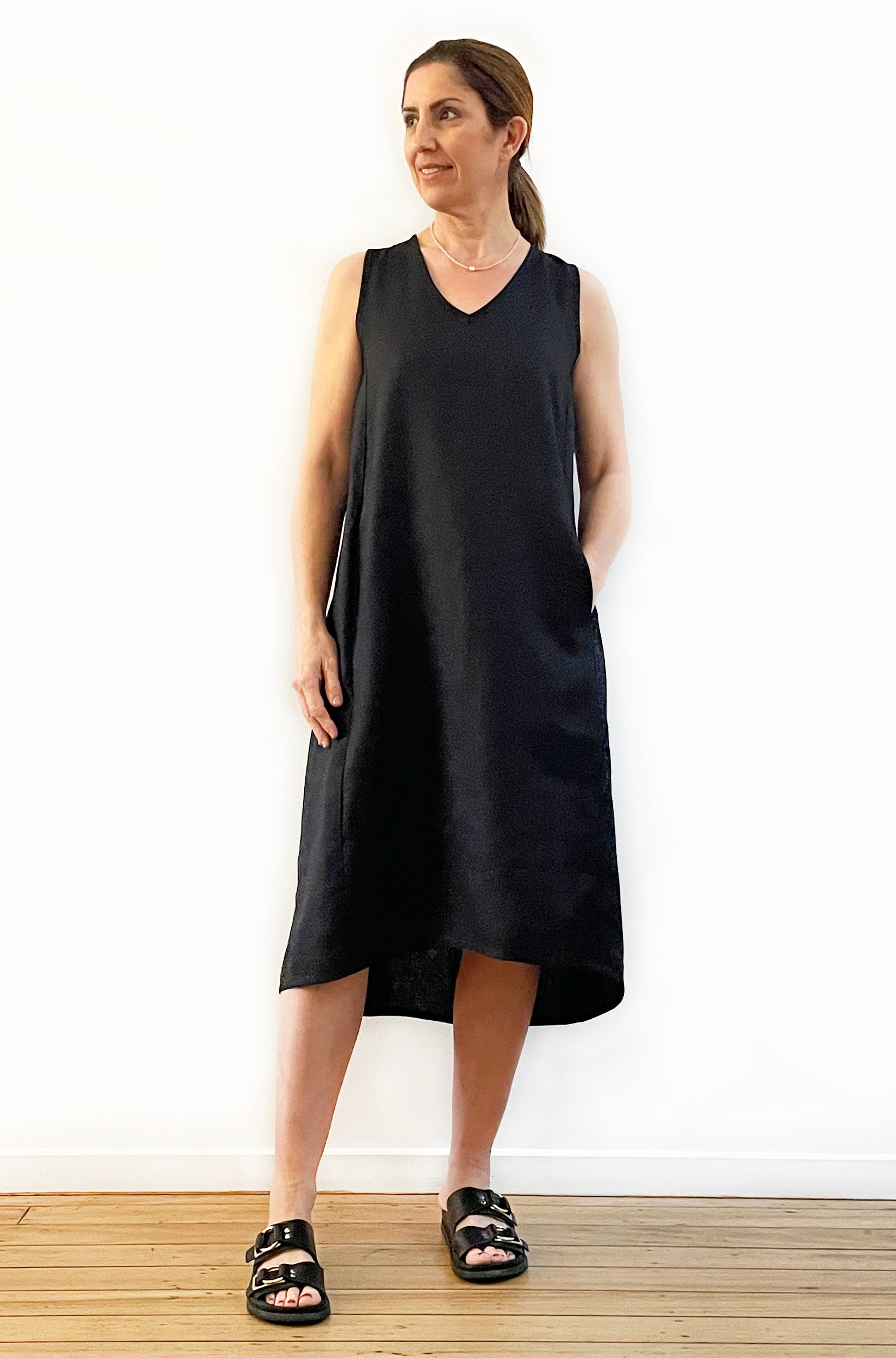 LINEN A-LINE TANK DRESS BLACK