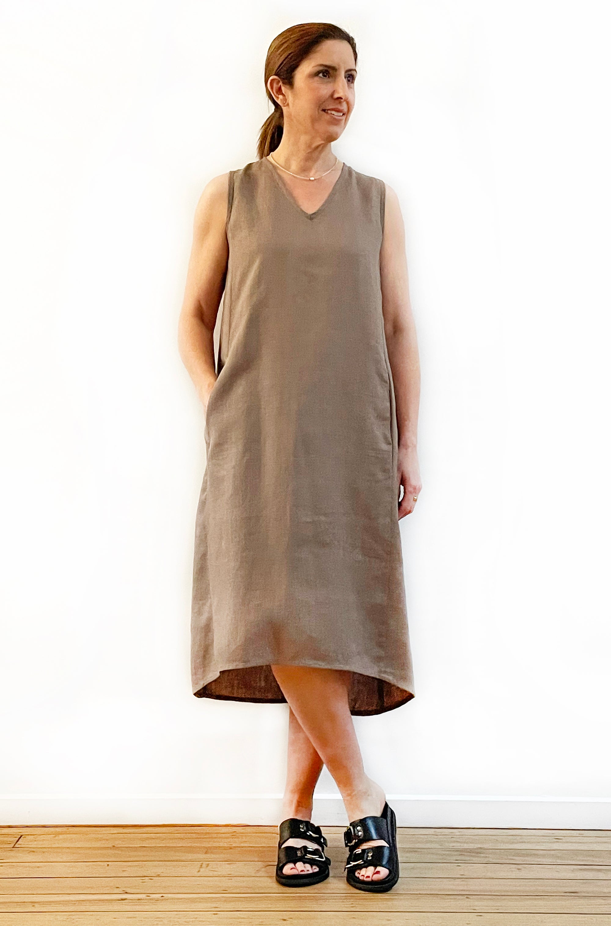 LINEN A-LINE TANK DRESS MOCHA