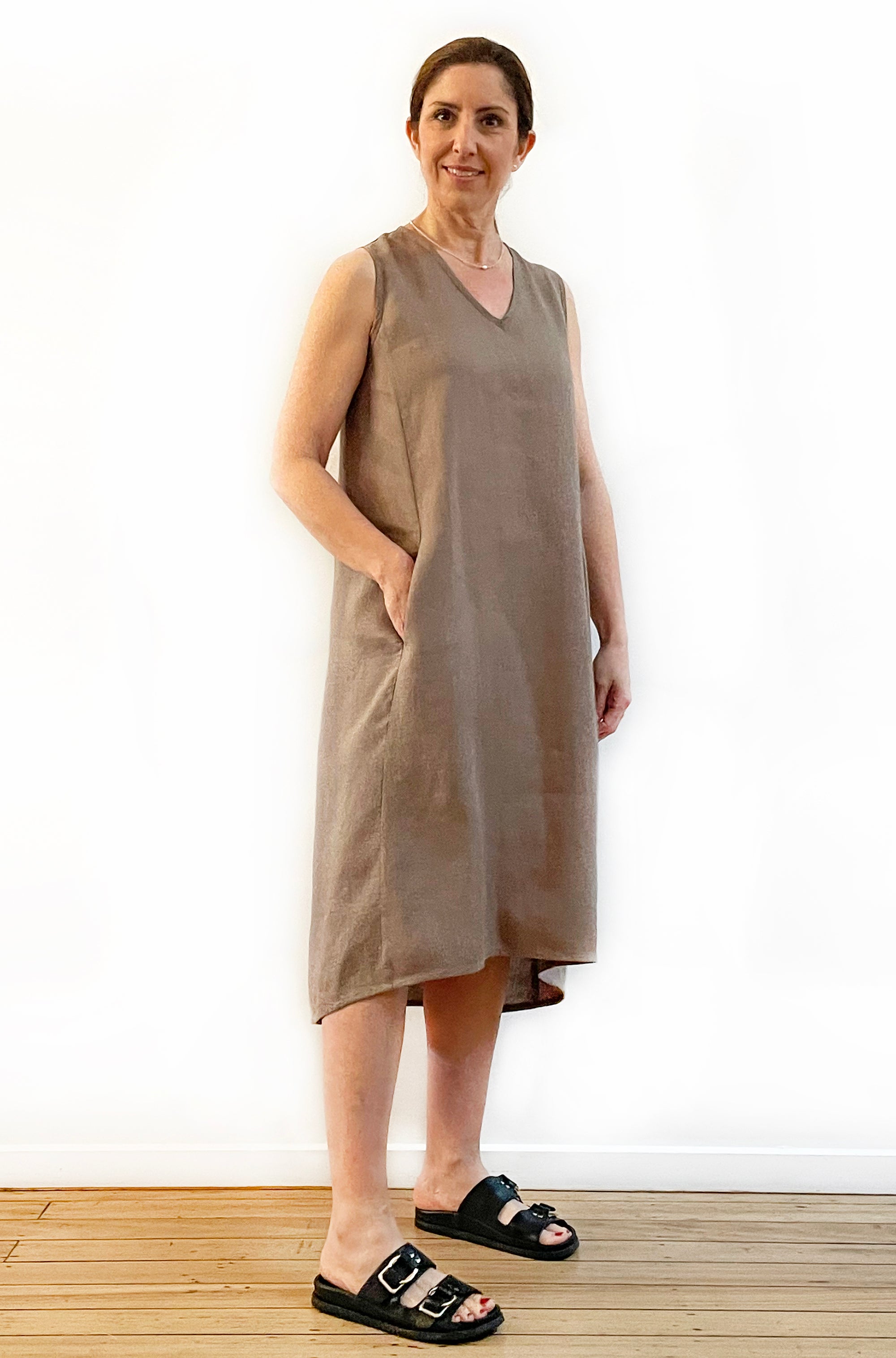 LINEN A-LINE TANK DRESS MOCHA