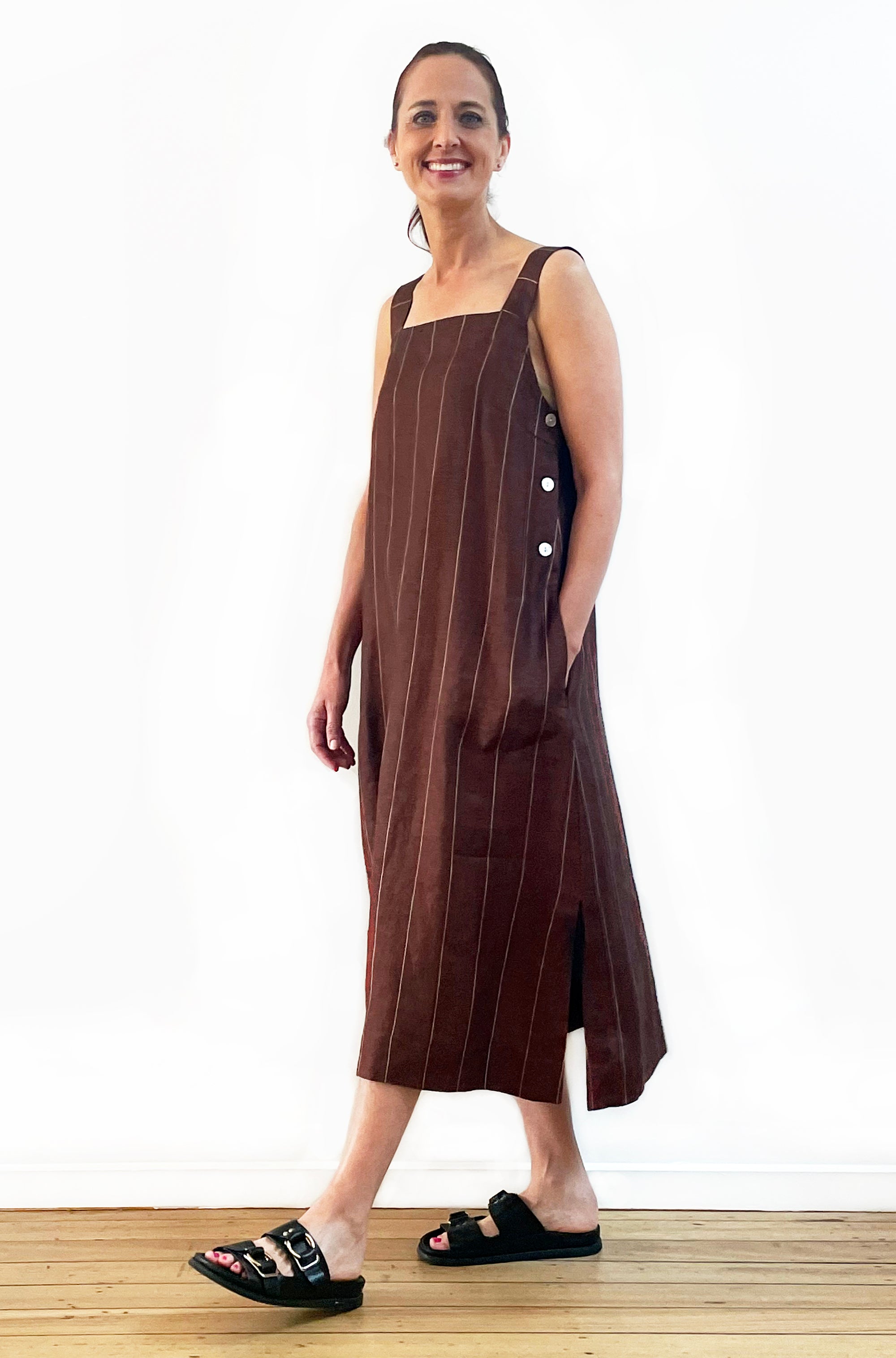 LINEN APRON DRESS CHESTNUT BROWN STRIPE