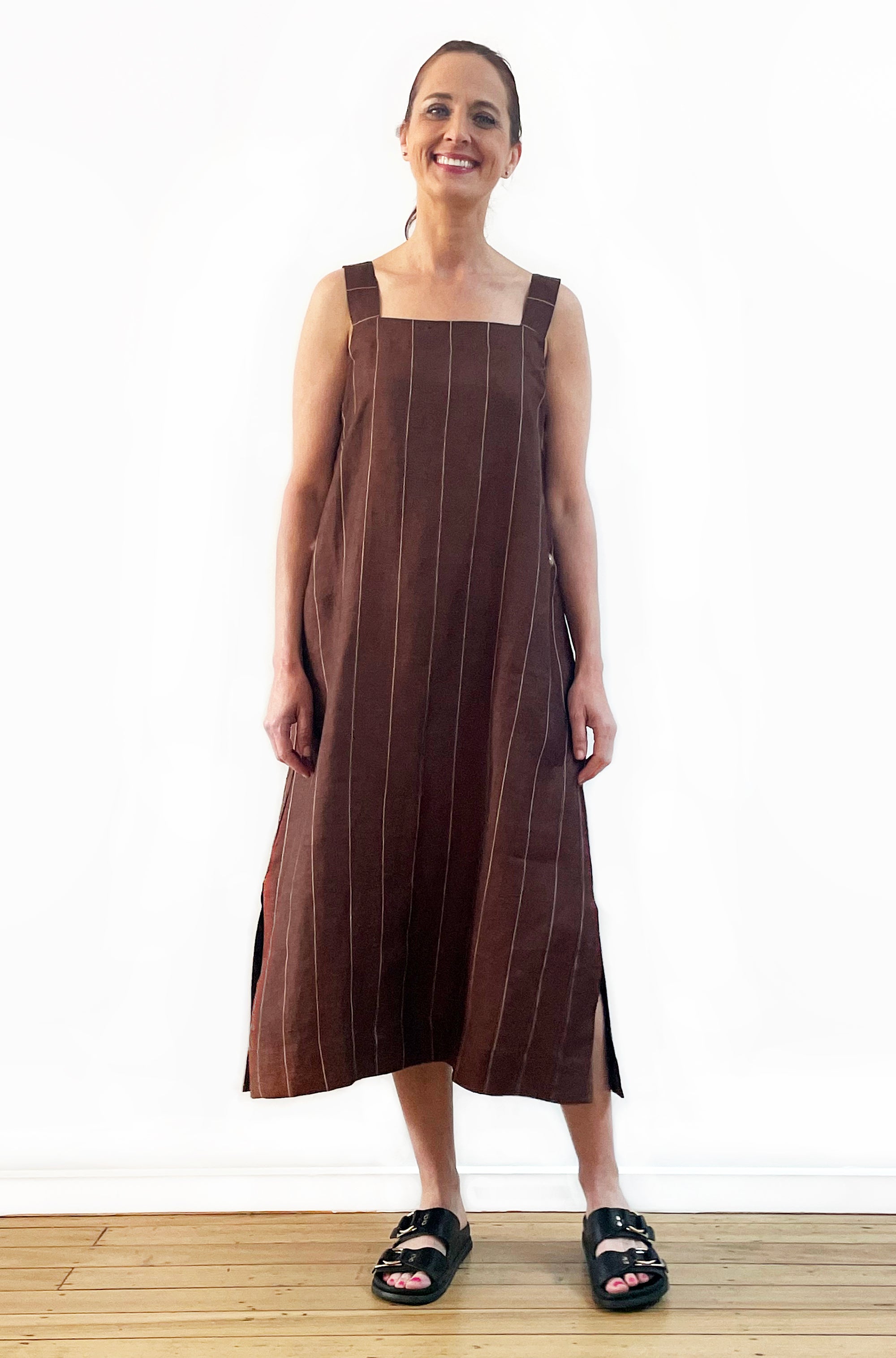 LINEN APRON DRESS CHESTNUT BROWN STRIPE
