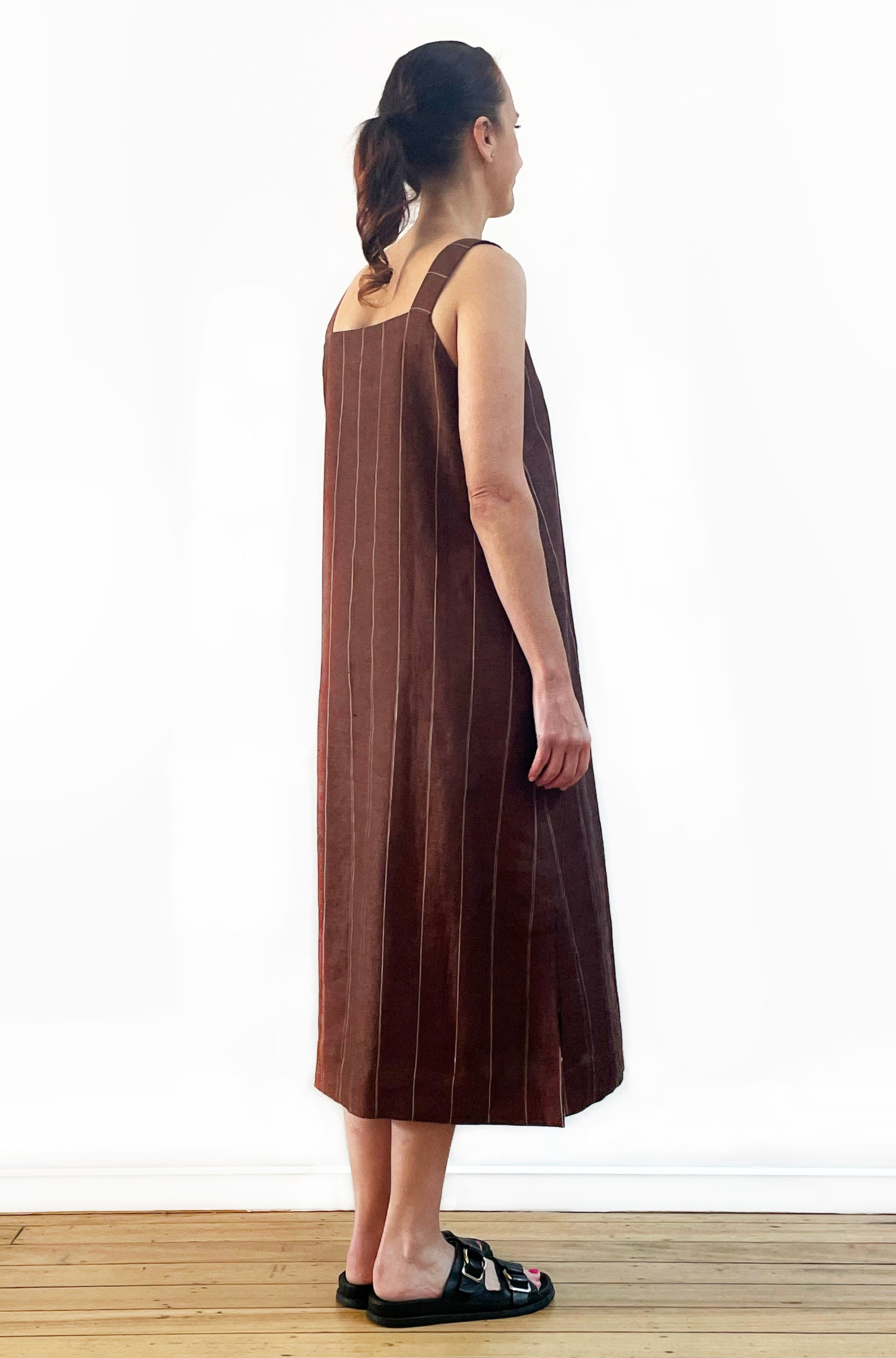 LINEN APRON DRESS CHESTNUT BROWN STRIPE