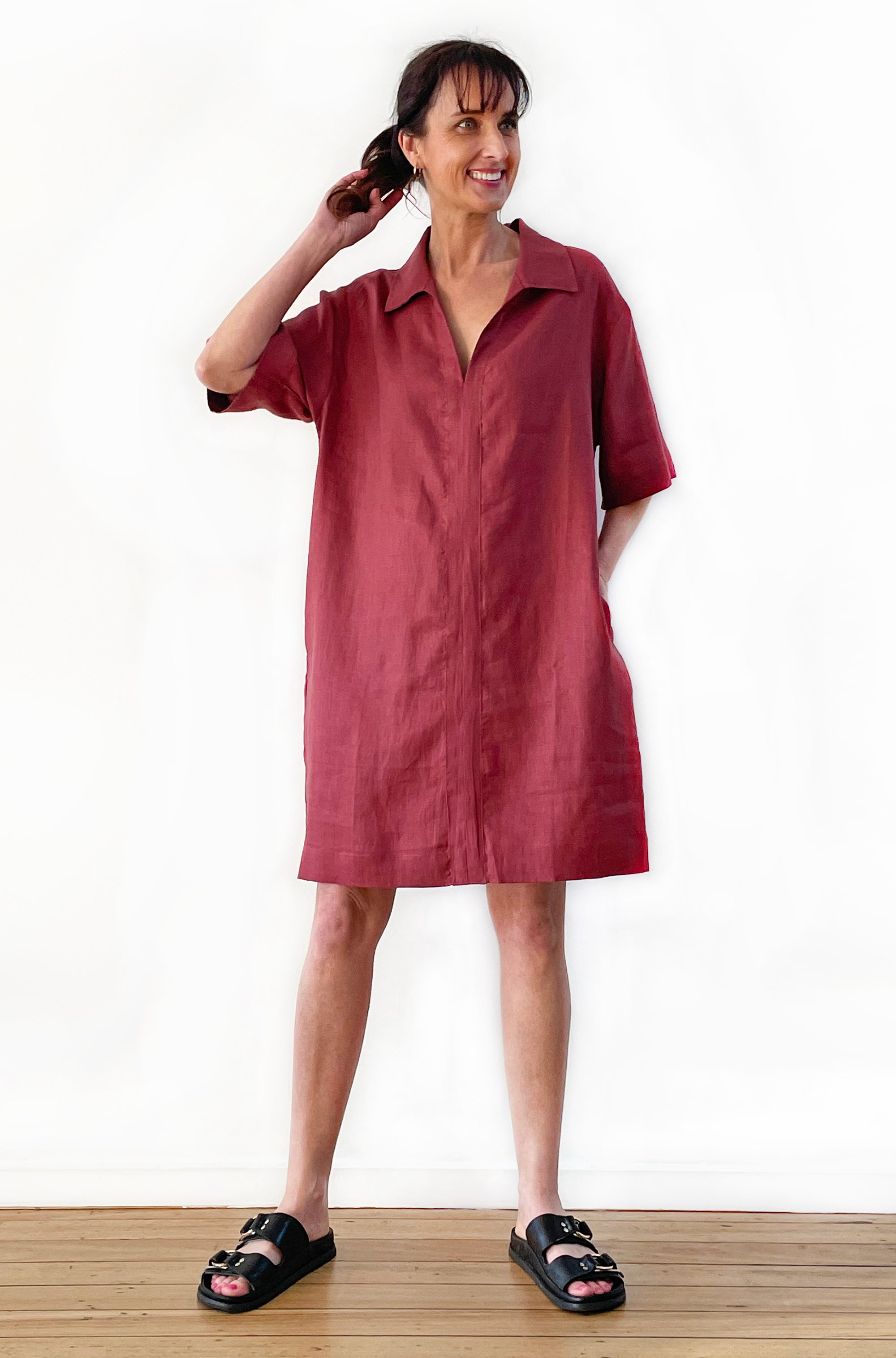LINEN BOXY POPOVER SHIRT DRESS MERLOT