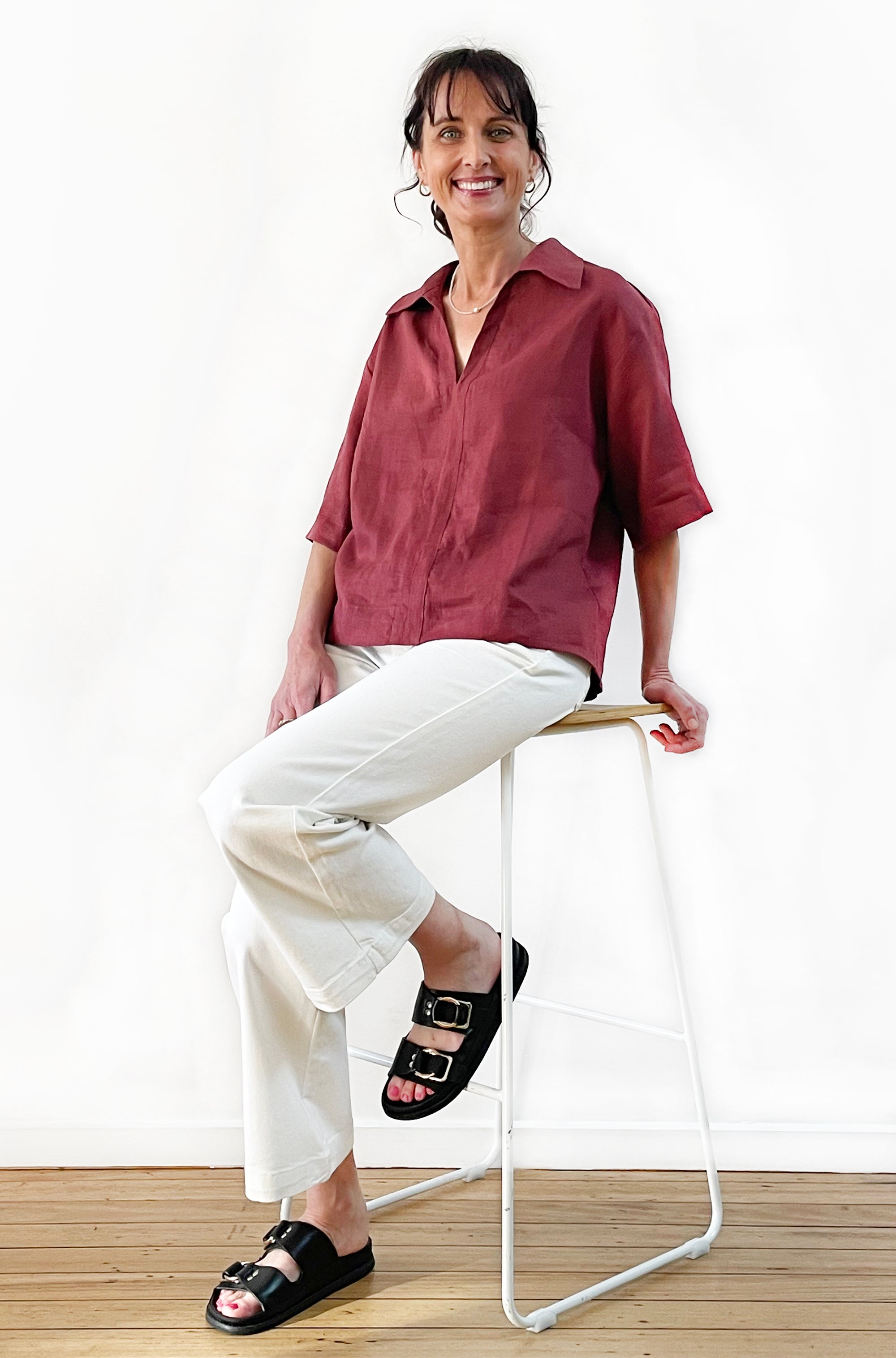 LINEN BOXY POPOVER SHIRT MERLOT