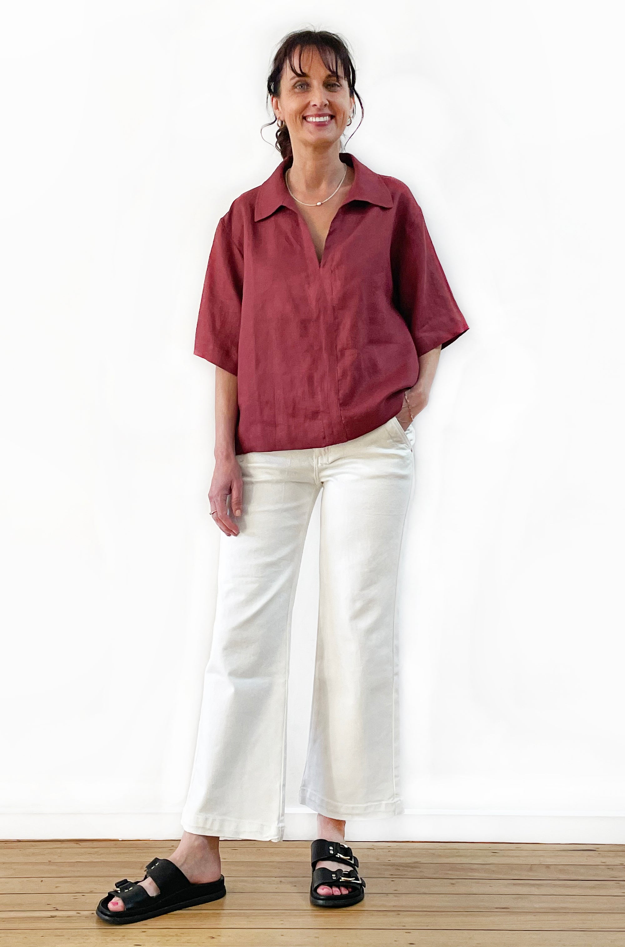 LINEN BOXY POPOVER SHIRT MERLOT