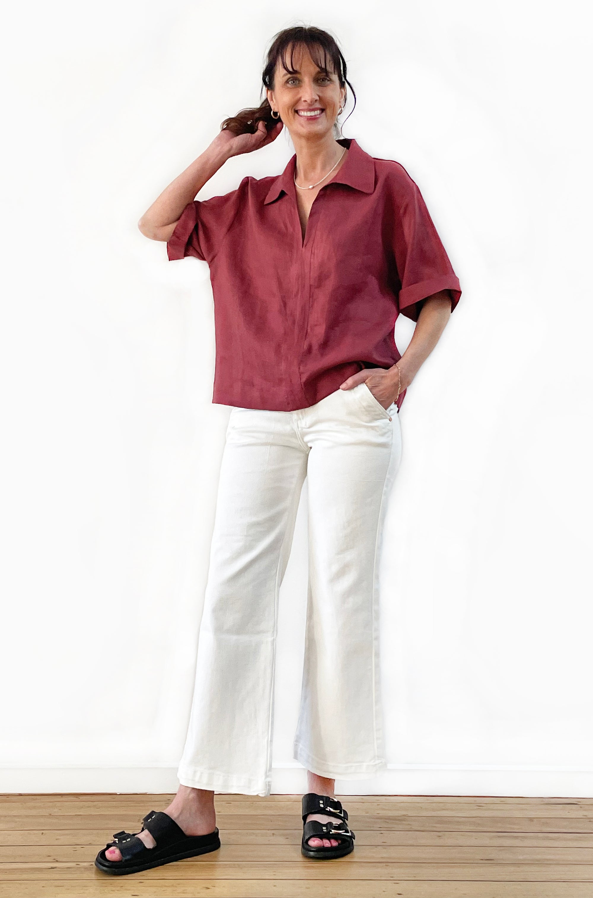 LINEN BOXY POPOVER SHIRT MERLOT