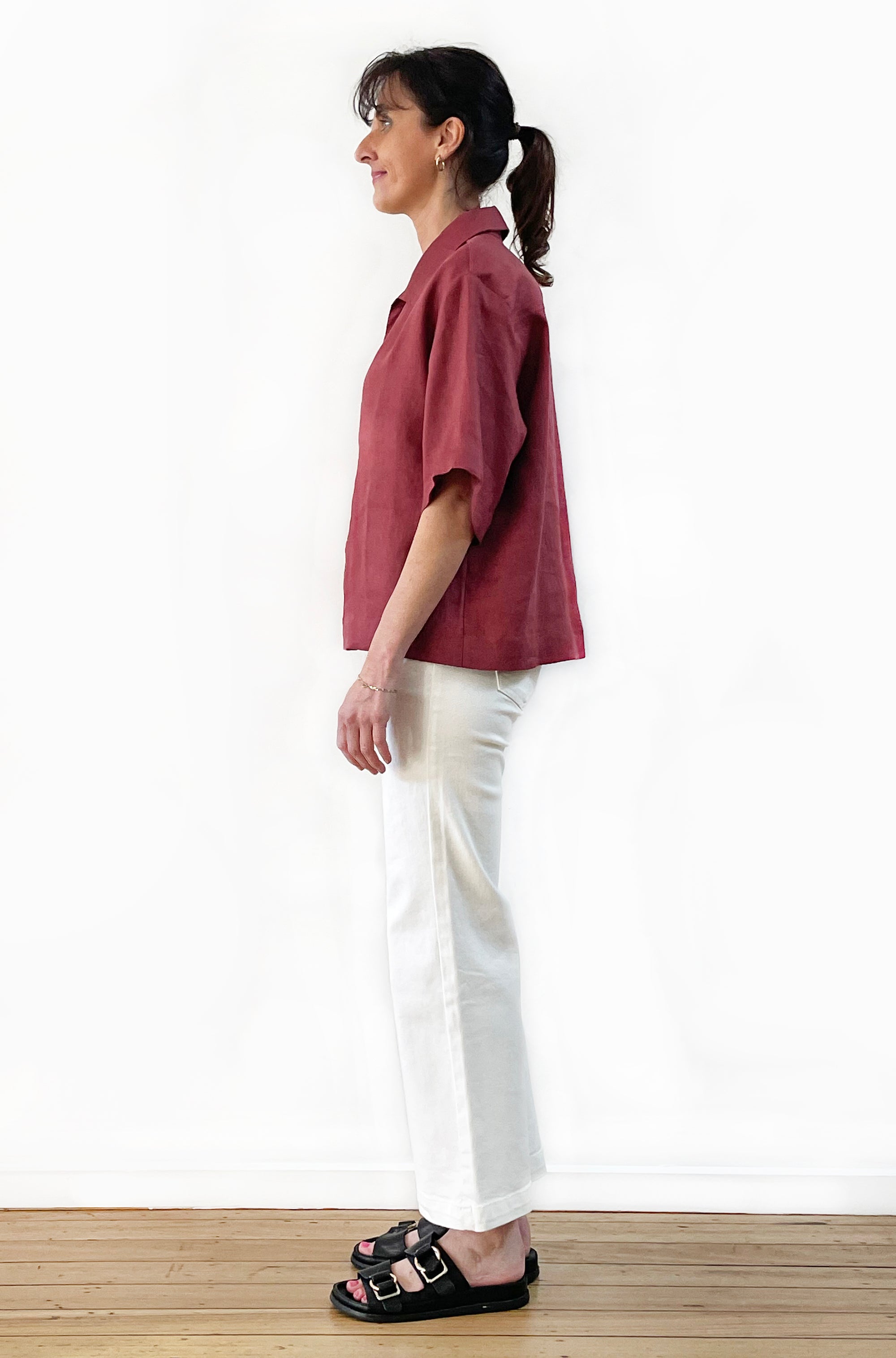 LINEN BOXY POPOVER SHIRT MERLOT