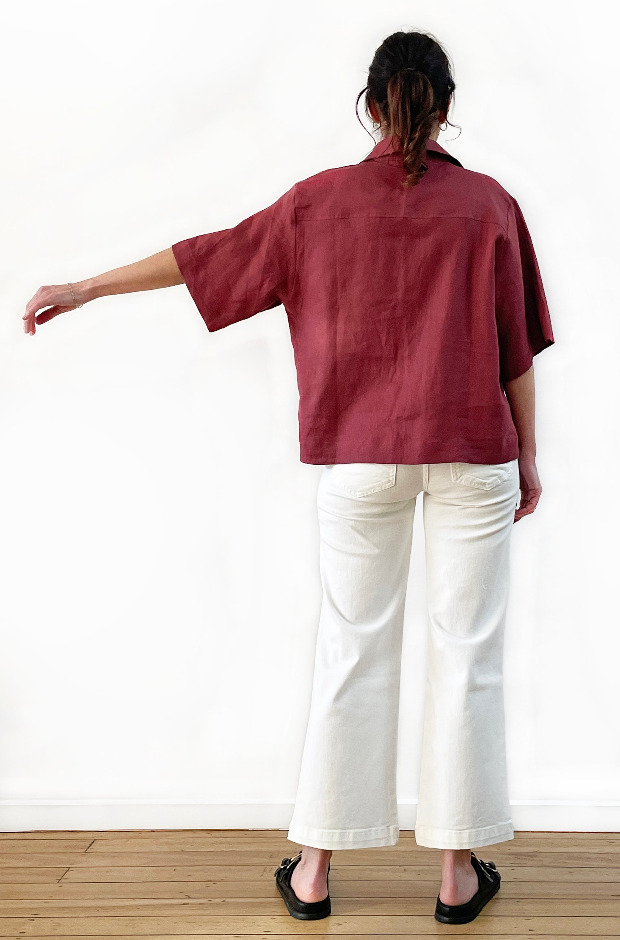 LINEN BOXY POPOVER SHIRT MERLOT
