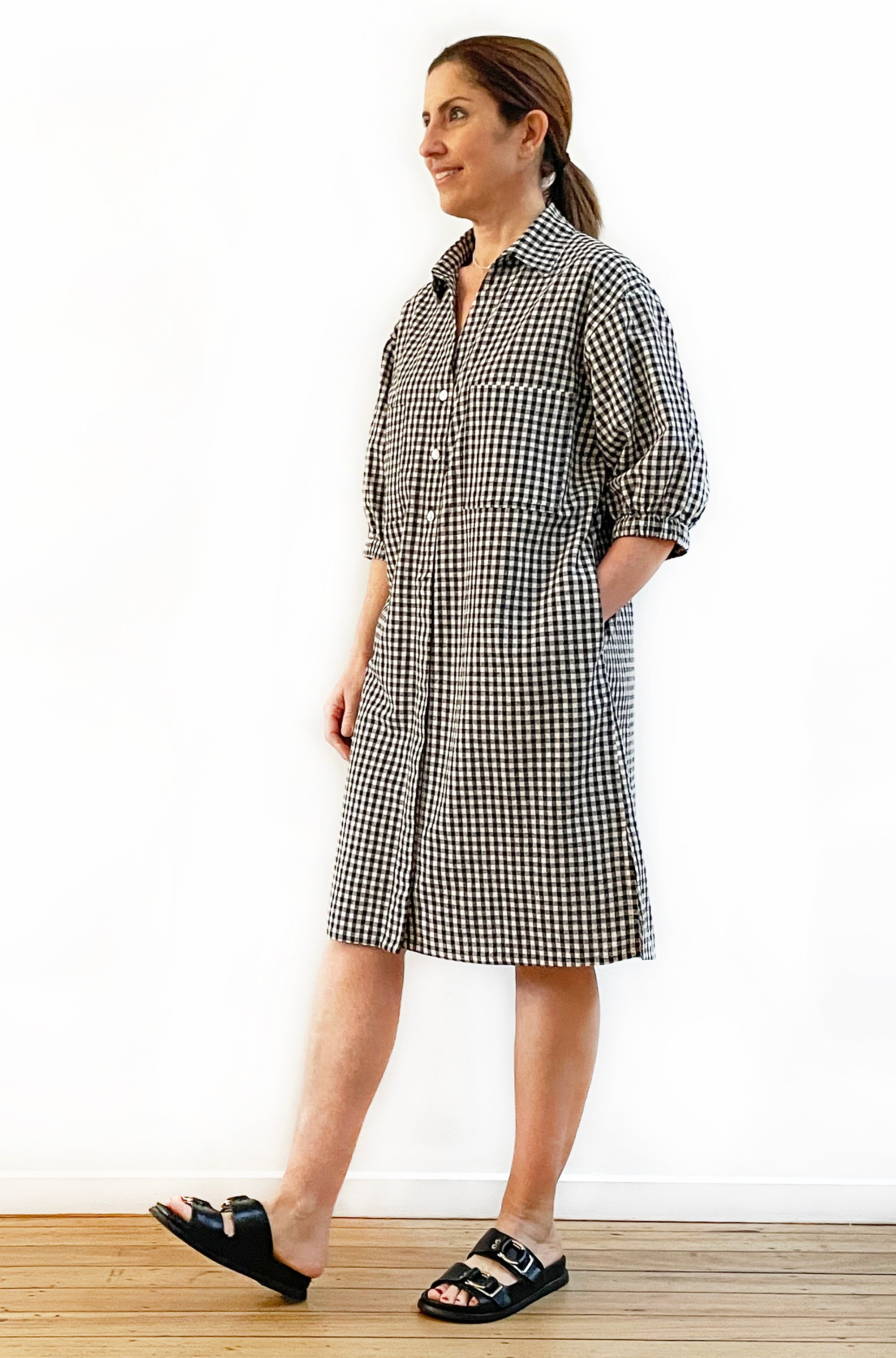 LINEN BUTTON THRU SHIRT DRESS GINGHAM