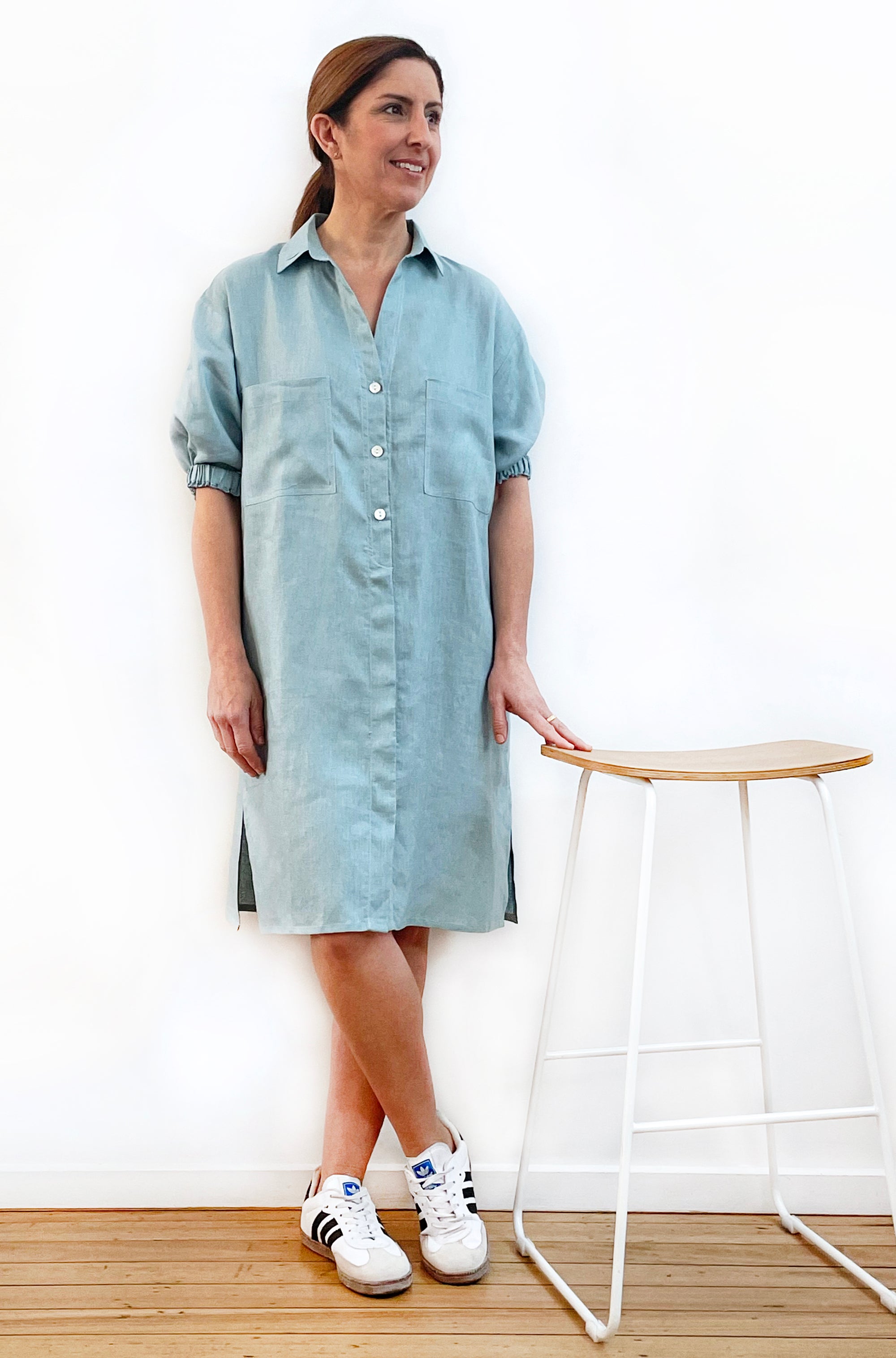 LINEN BUTTON THRU SHIRT DRESS SOFT SAGE