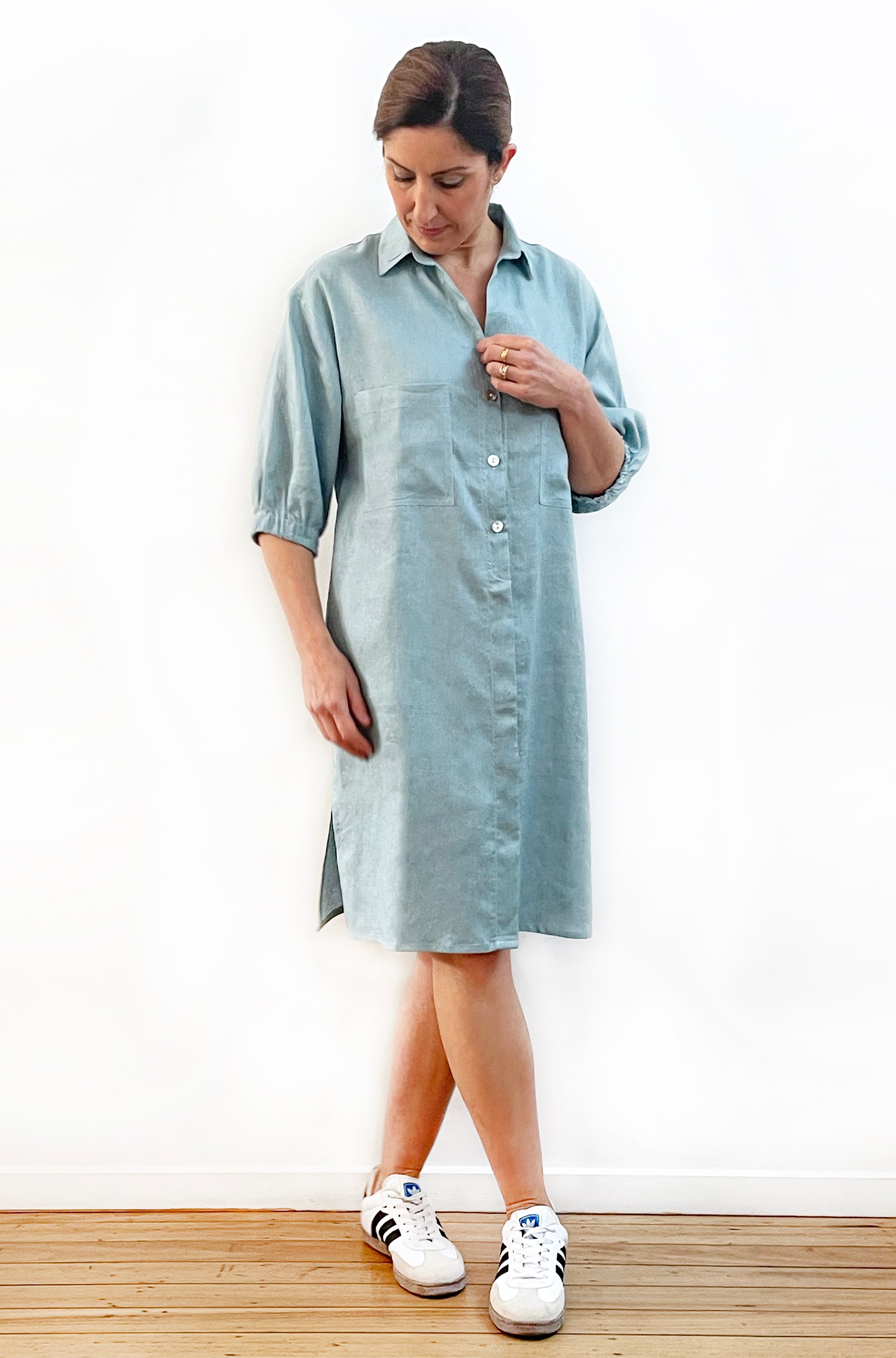 LINEN BUTTON THRU SHIRT DRESS SOFT SAGE