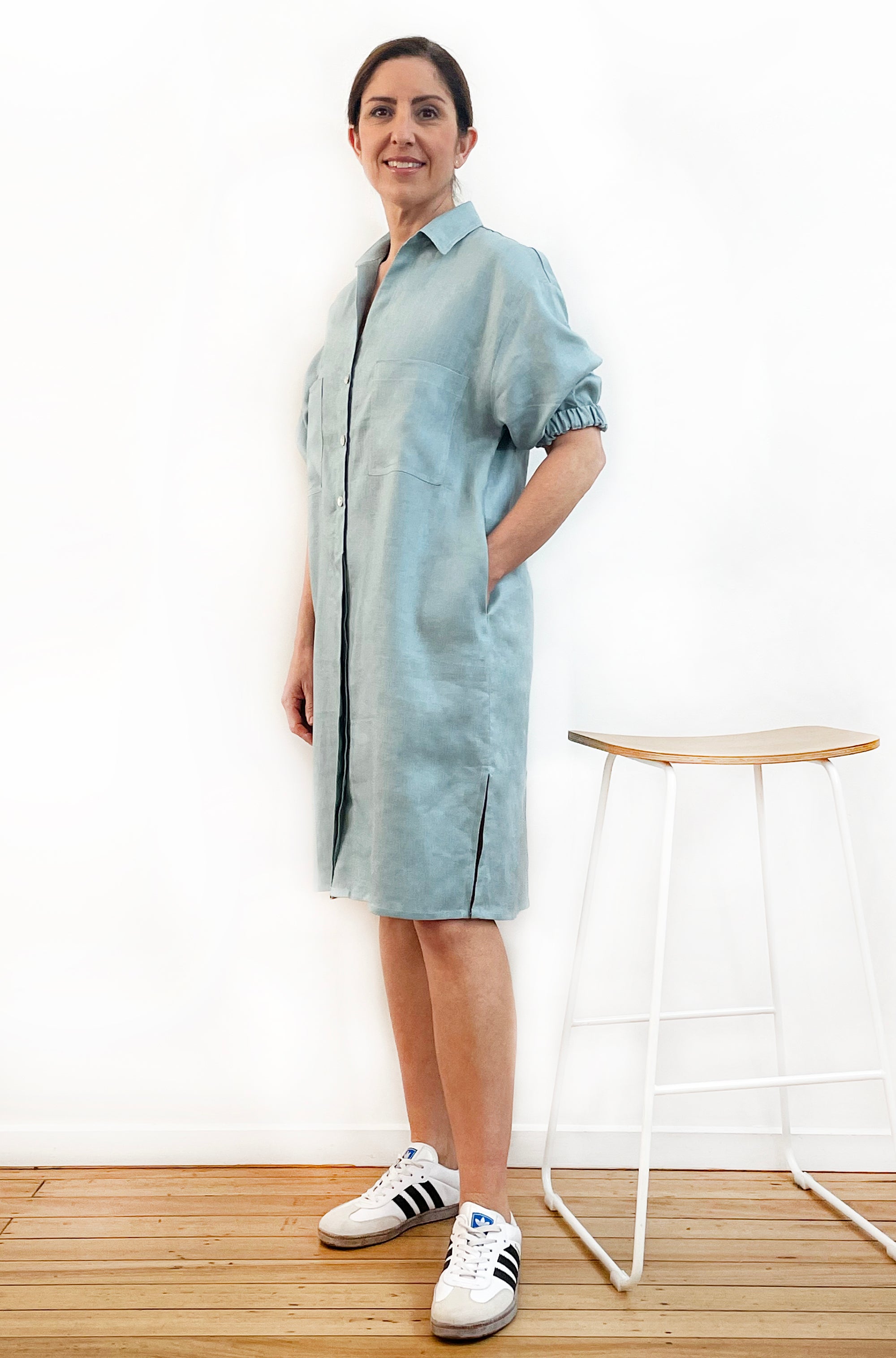 LINEN BUTTON THRU SHIRT DRESS SOFT SAGE