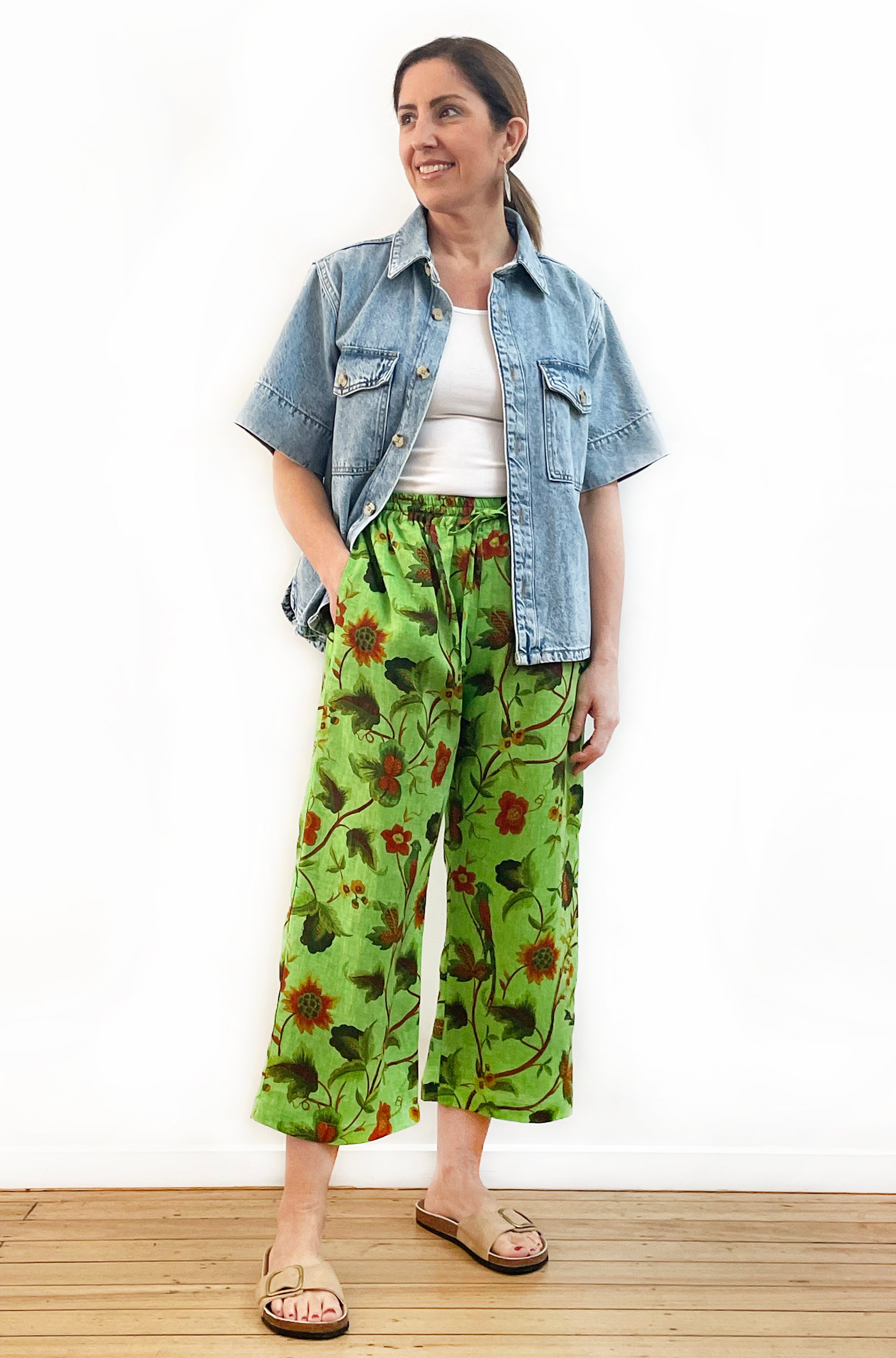 LINEN CROPPED WIDE LEG PANT GREEN PRINT